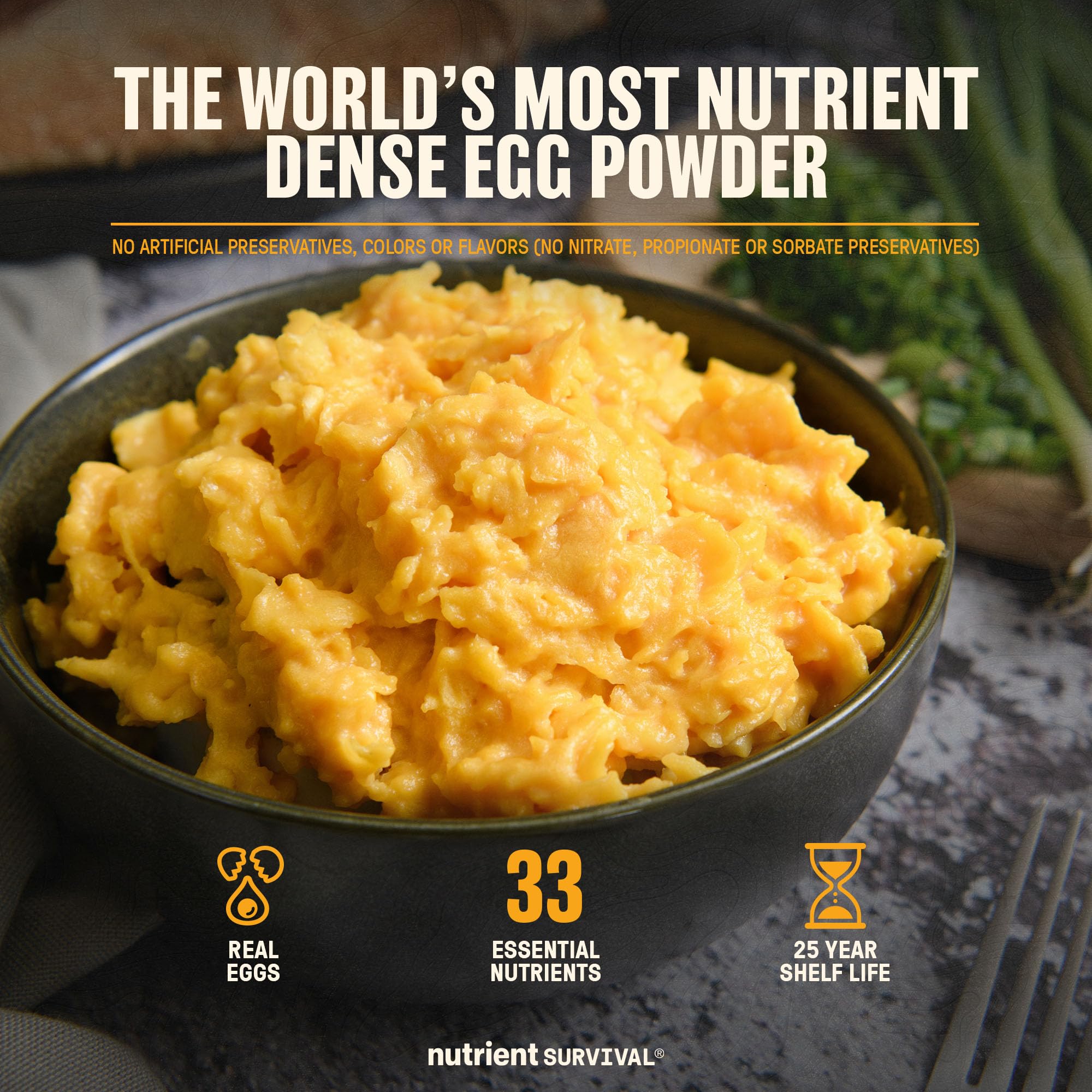 Nutrient Survival Freeze-Dried Eggs Can highlighting long shelf life