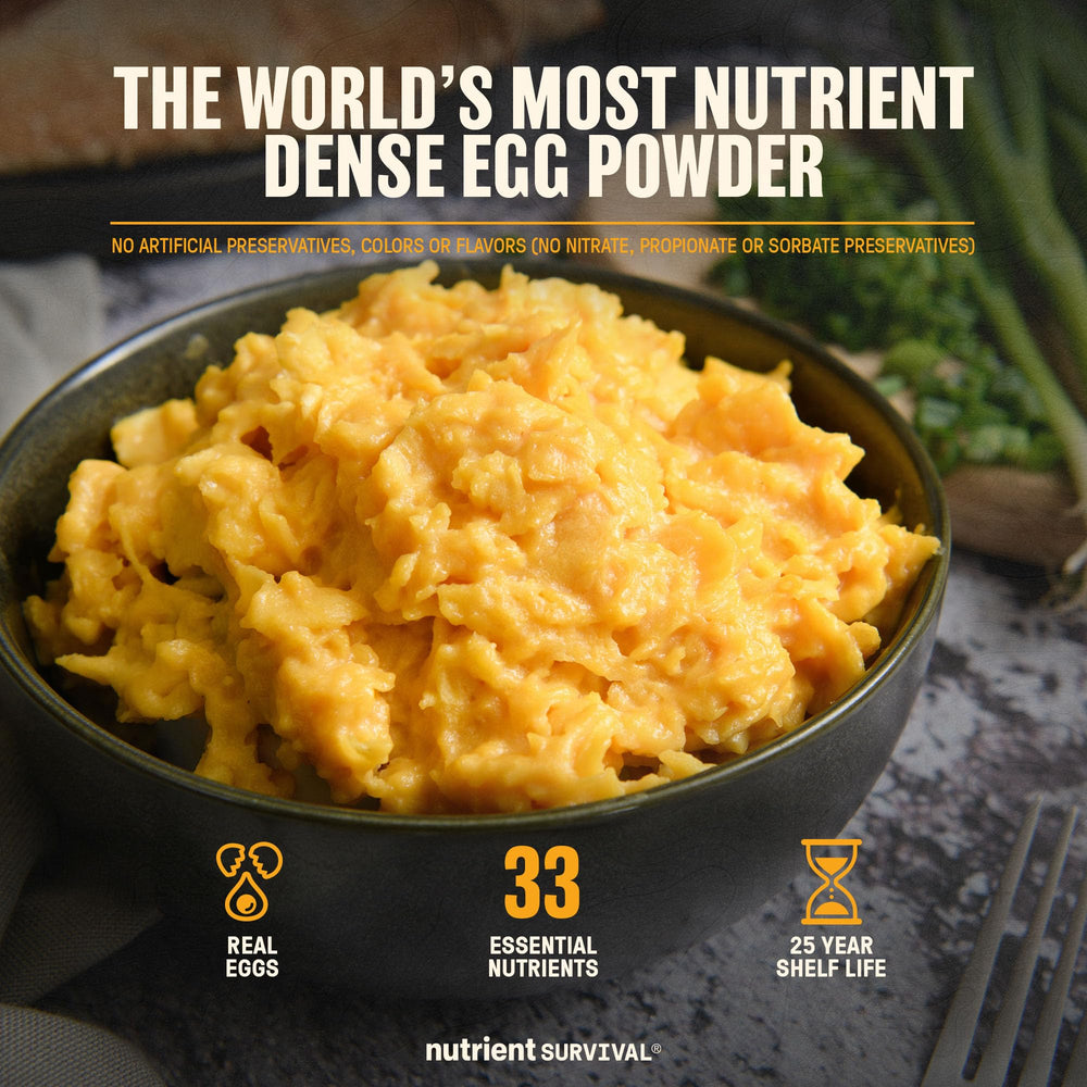 Nutrient Survival Freeze-Dried Eggs Can highlighting long shelf life