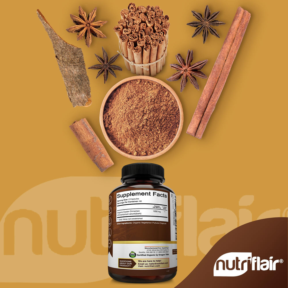 NutriFlair Ceylon cinnamon capsules close-up, easy-to-swallow and gluten-free.