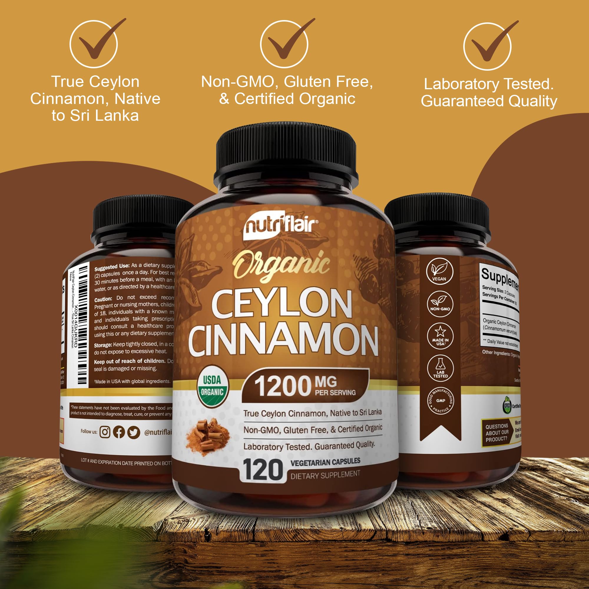 NutriFlair cinnamon powder on wooden surface showing natural spice color.
