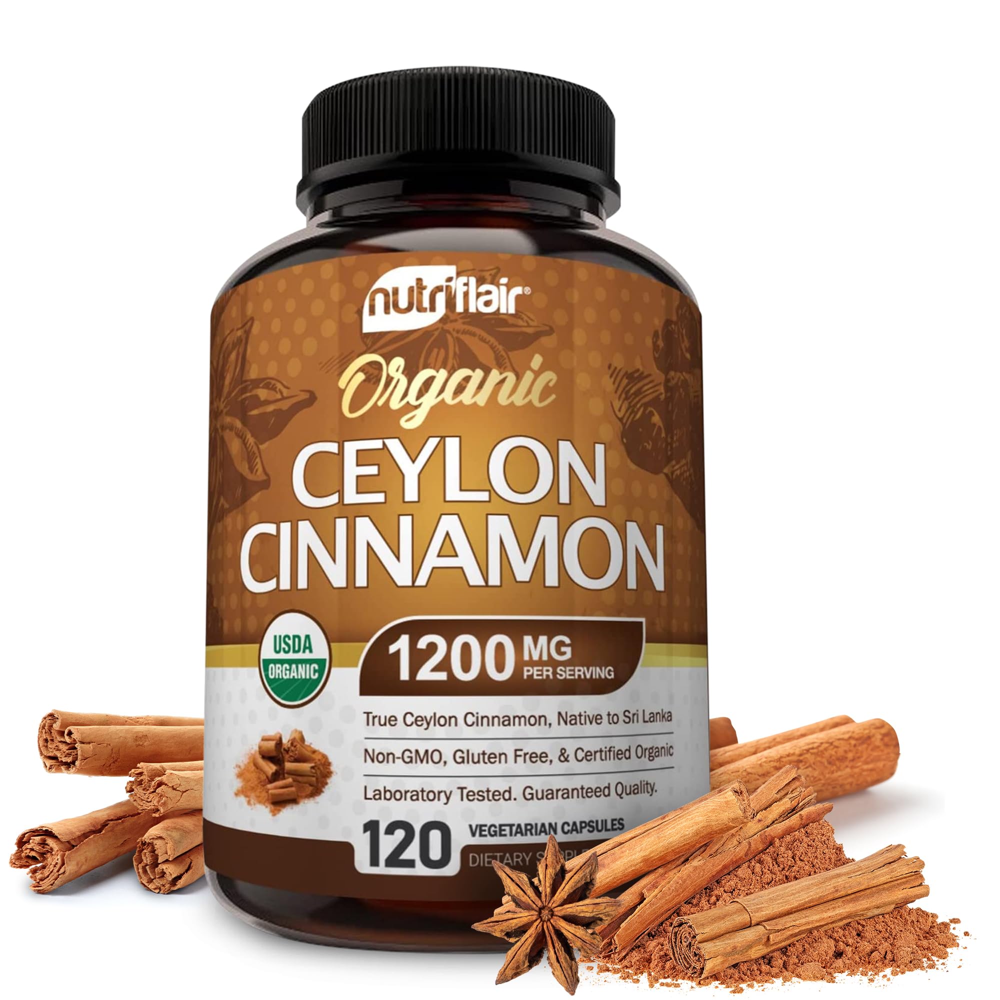 NutriFlair organic Ceylon cinnamon bottle 1200mg for daily wellness.
