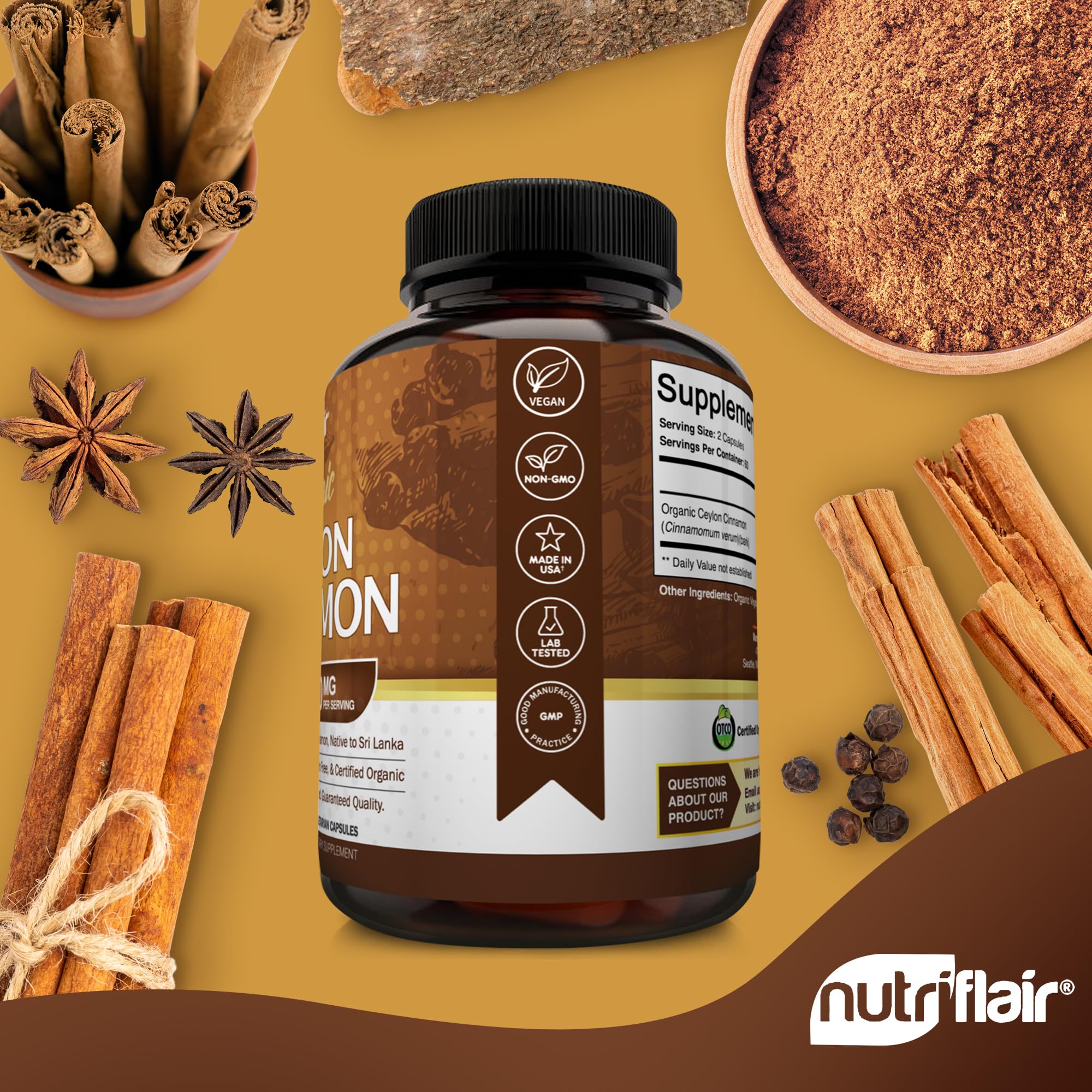NutriFlair USDA Organic seal on cinnamon label signals certified organic ingredients.