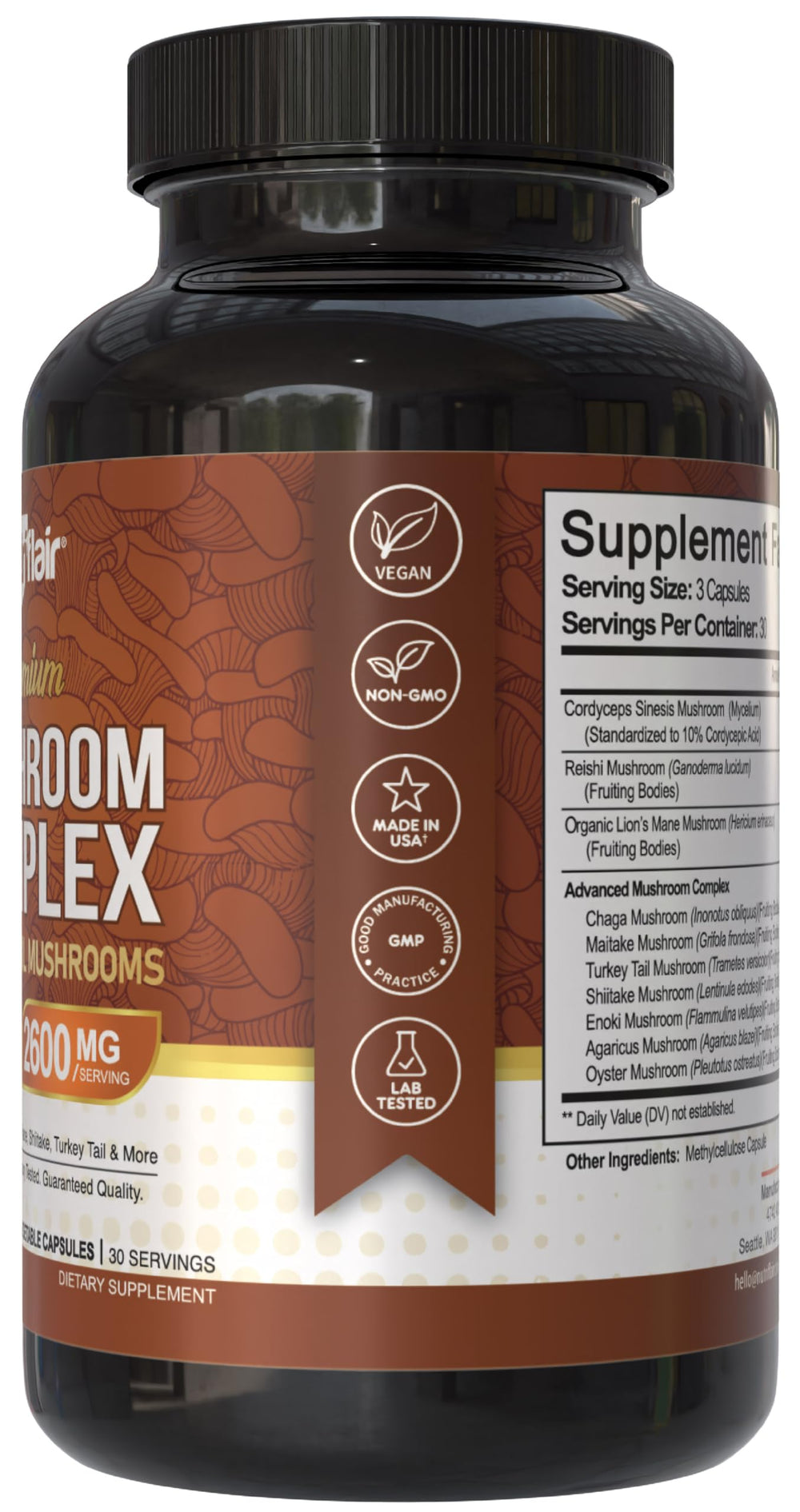 NutriFlair 10-mushroom blend infographic for focus.