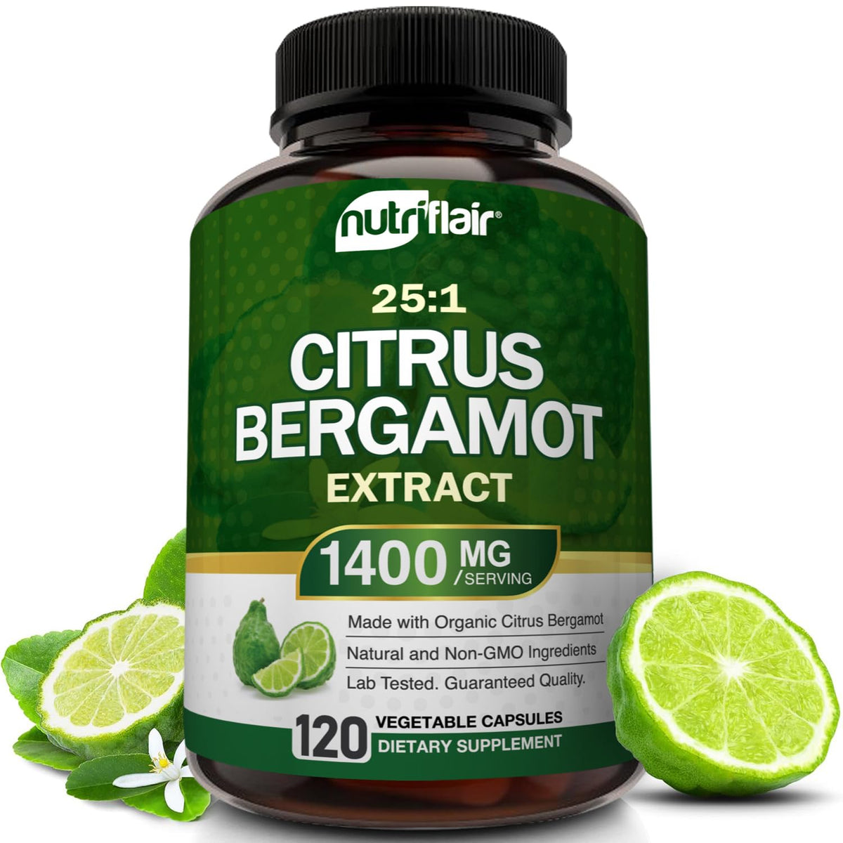 NutriFlair bergamot capsules bottle ready for daily supplementation.