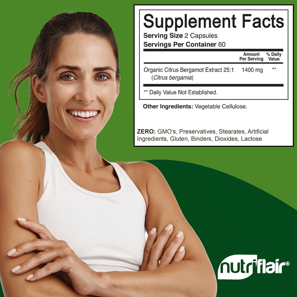 NutriFlair bergamot capsules label close-up showing ingredients.