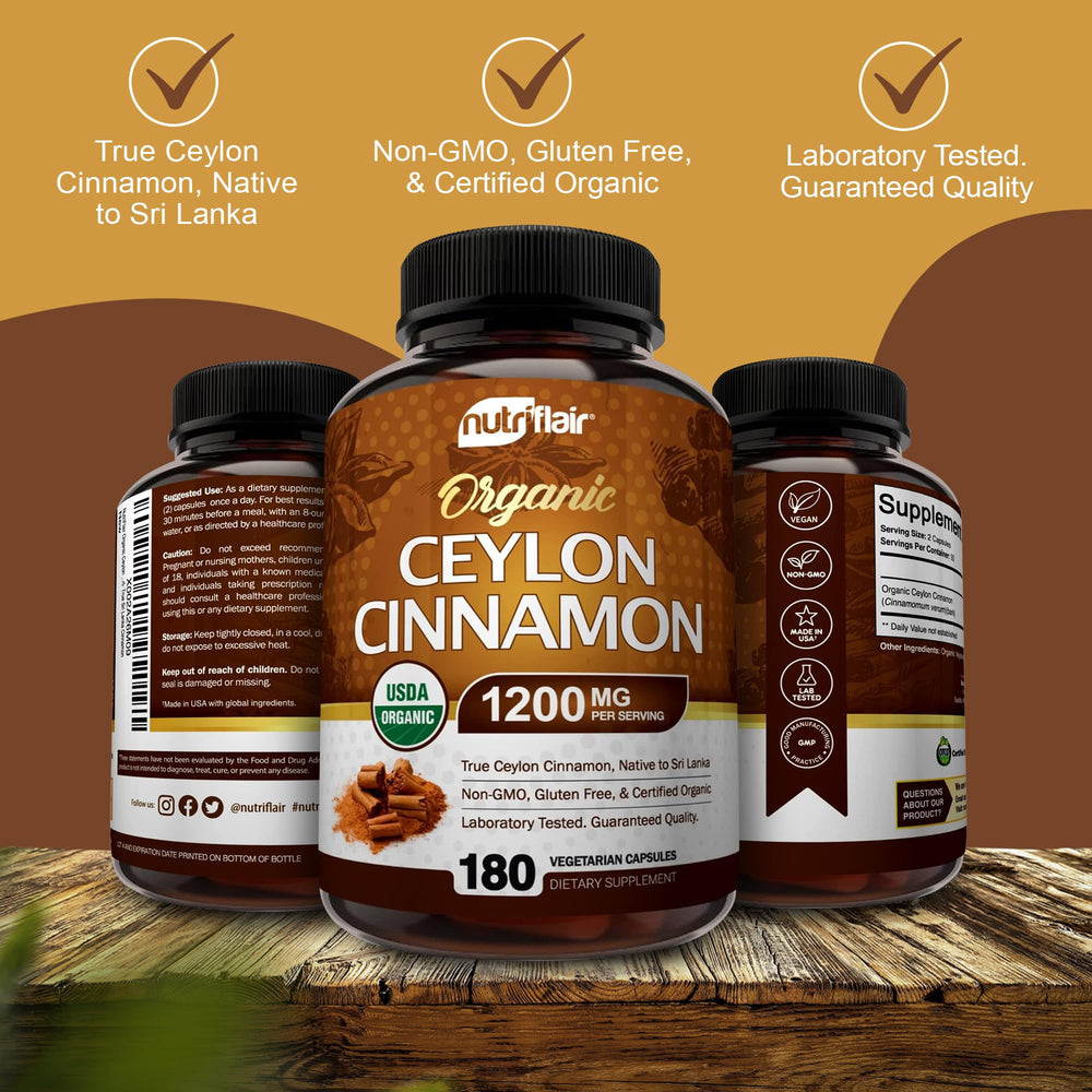 USDA Organic seal visible on NutriFlair cinnamon packaging.