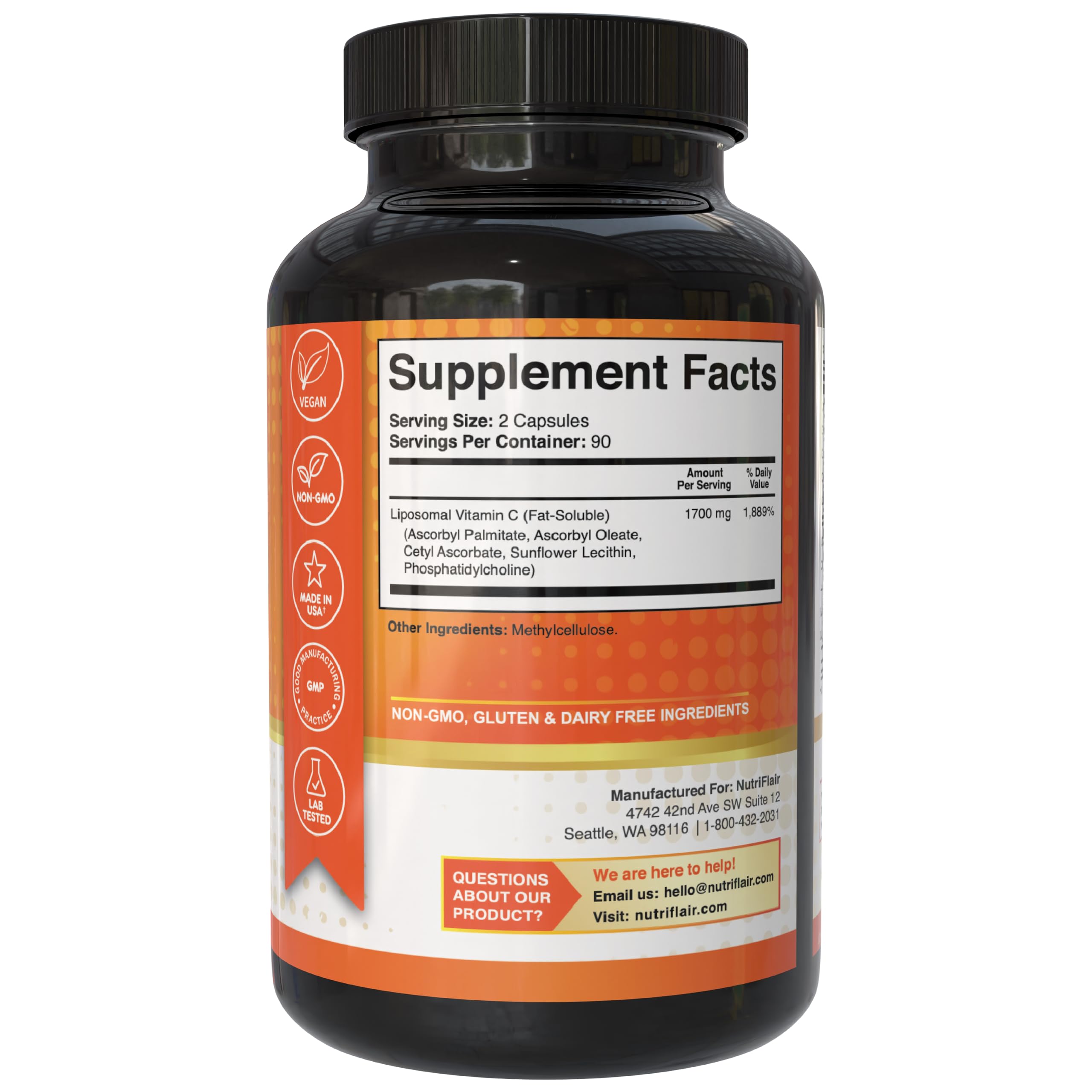 NutriFlair Liposomal Vitamin C capsules close-up showing easy to swallow form.