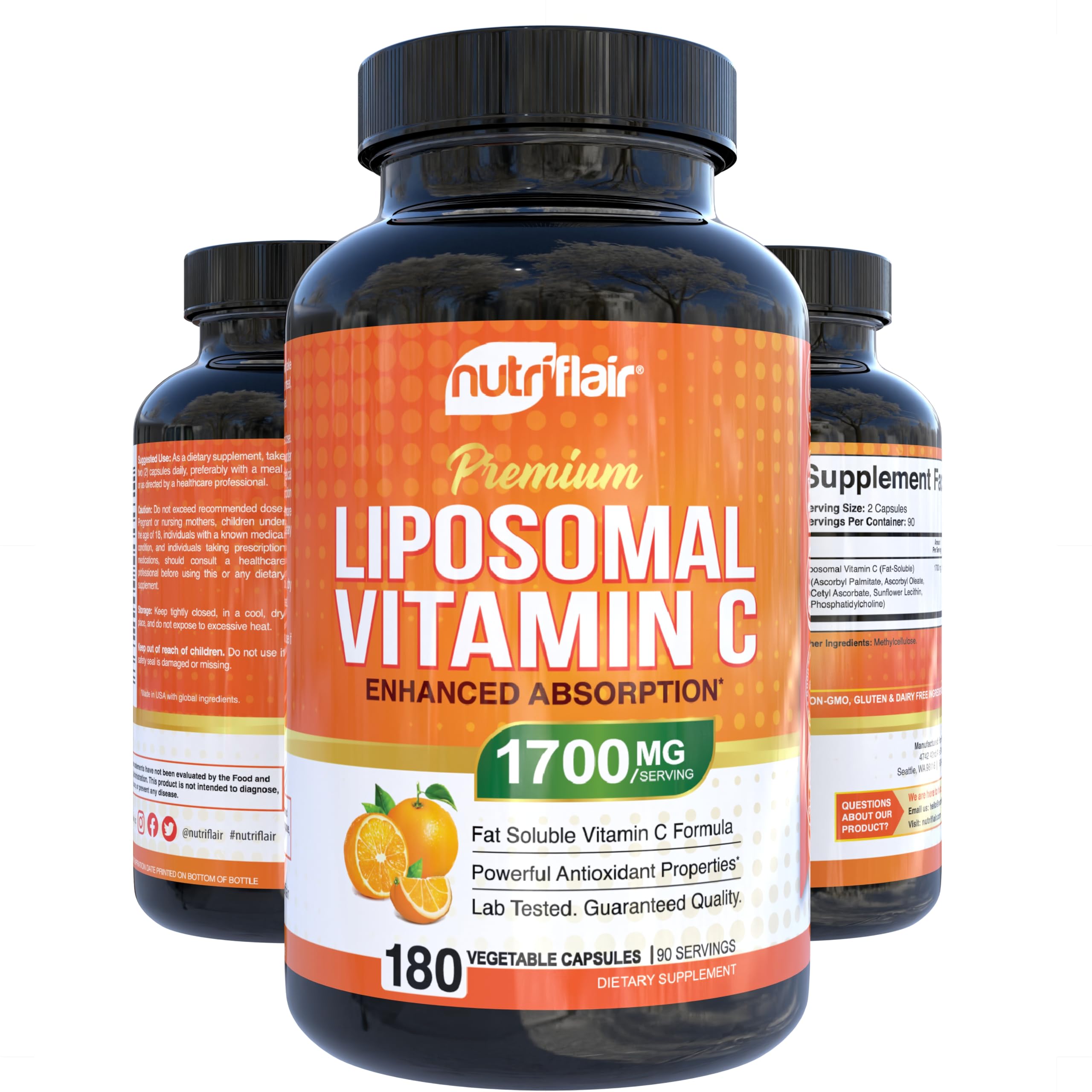 NutriFlair Liposomal Vitamin C ingredients label highlights vegan, non-GMO formula.
