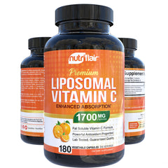 NutriFlair Liposomal Vitamin C ingredients label highlights vegan, non-GMO formula.