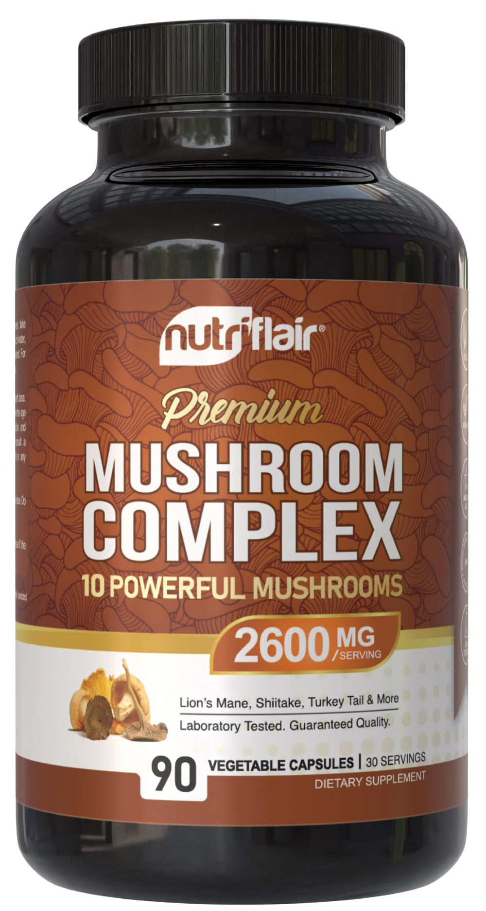 NutriFlair mushroom supplement bottle on desk for daily vitality.