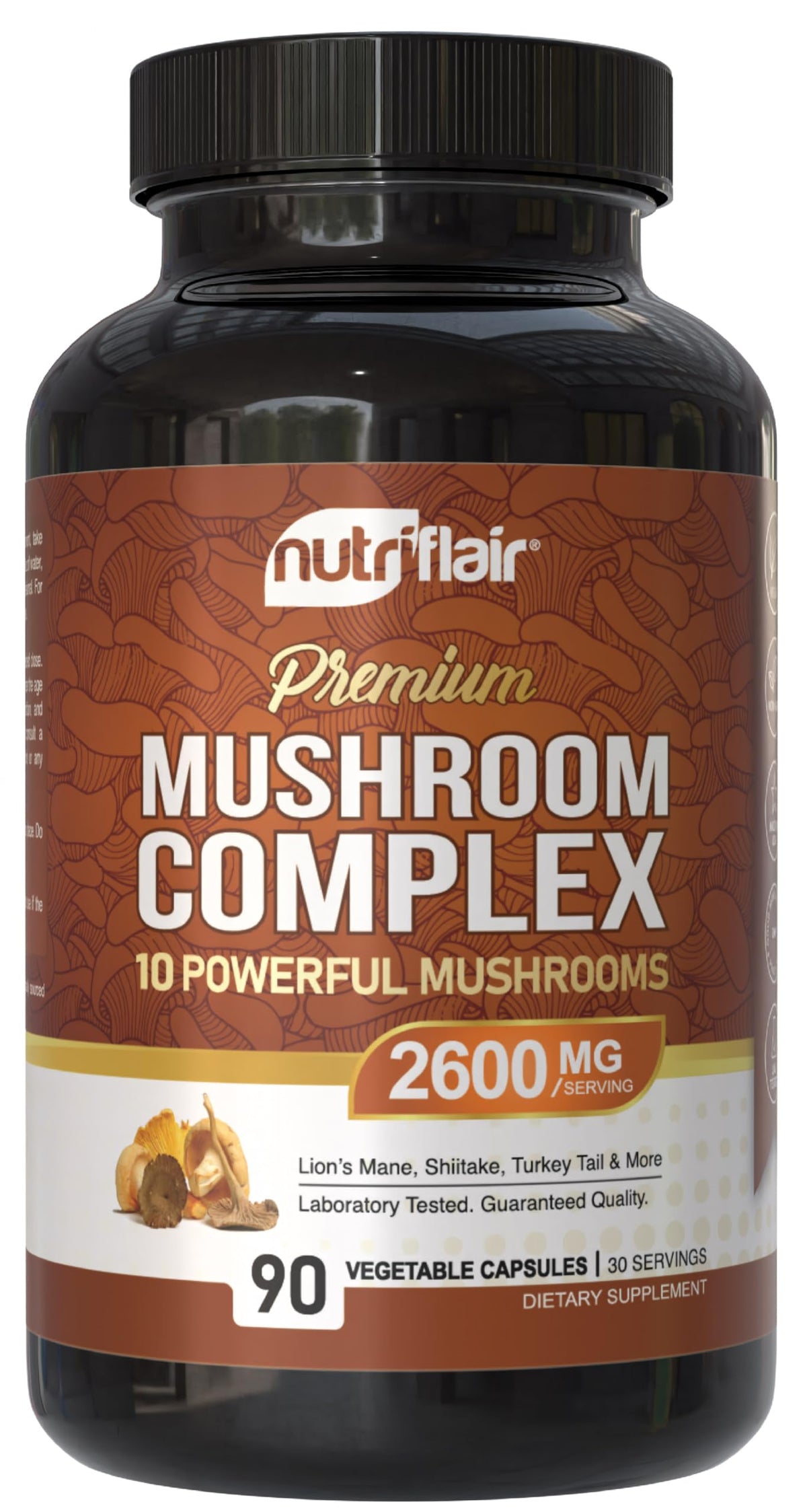 NutriFlair mushroom supplement bottle on desk for daily vitality.