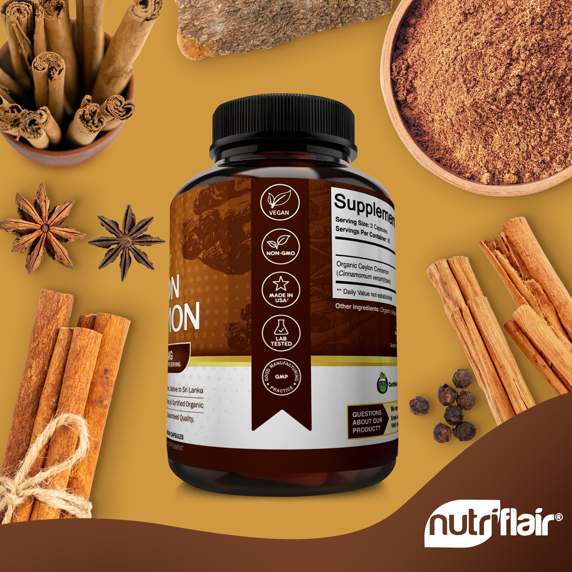 NutriFlair cinnamon bottle with measuring spoon for easy daily use.