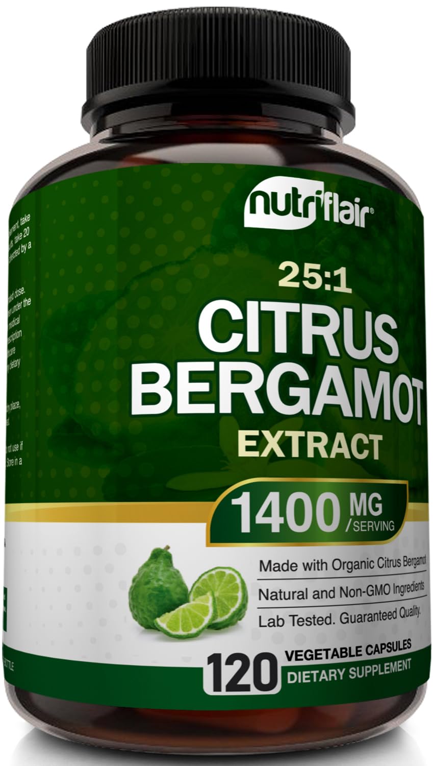 NutriFlair bergamot capsules seal showing third-party testing for purity.