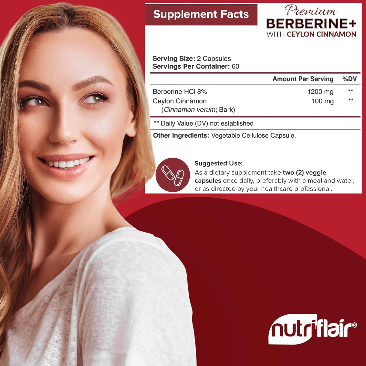 NutriFlair Berberine HCL cinnamon capsules close-up for metabolic support