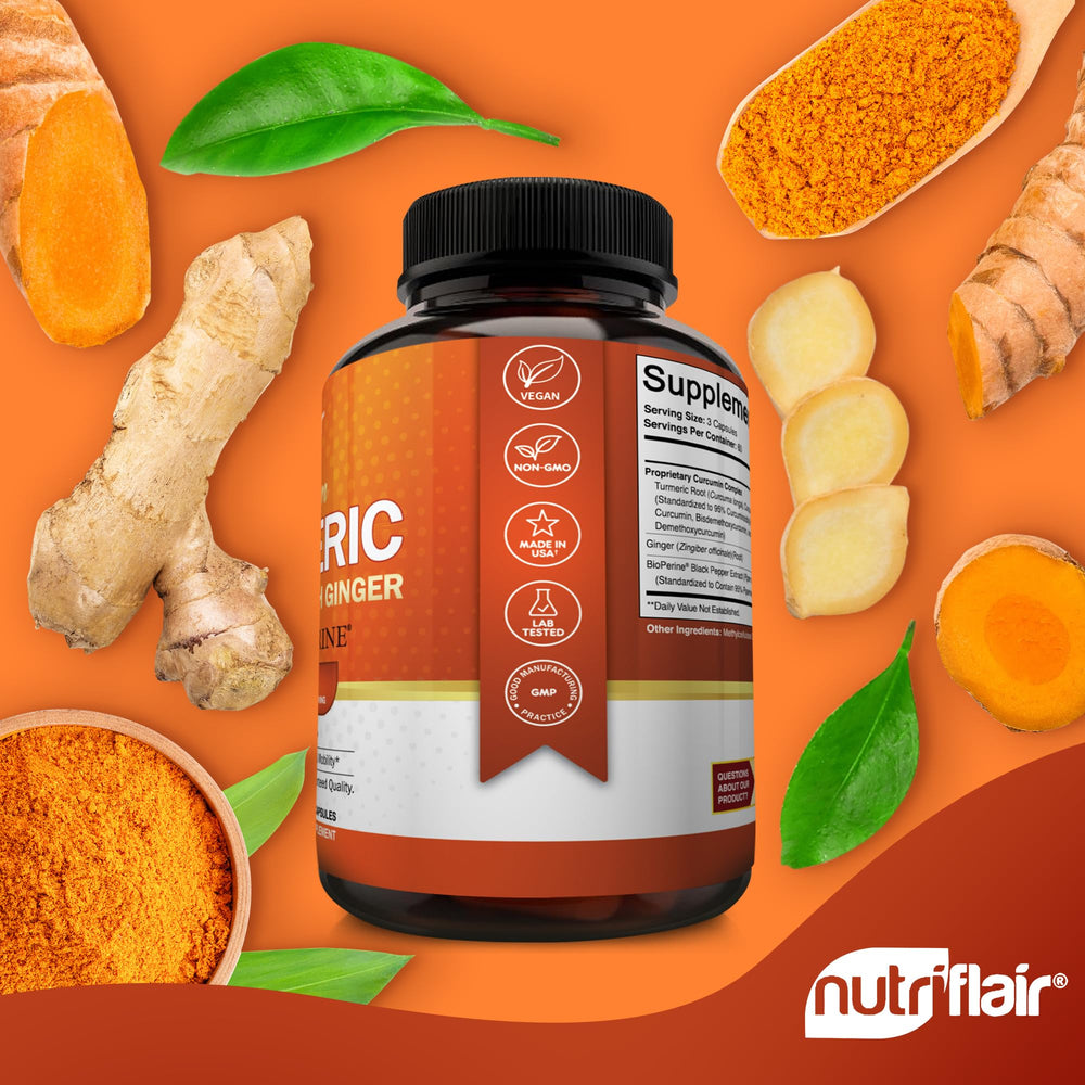 NutriFlair curcumin capsules close-up emphasizing high potency and bioactive curcuminoids.