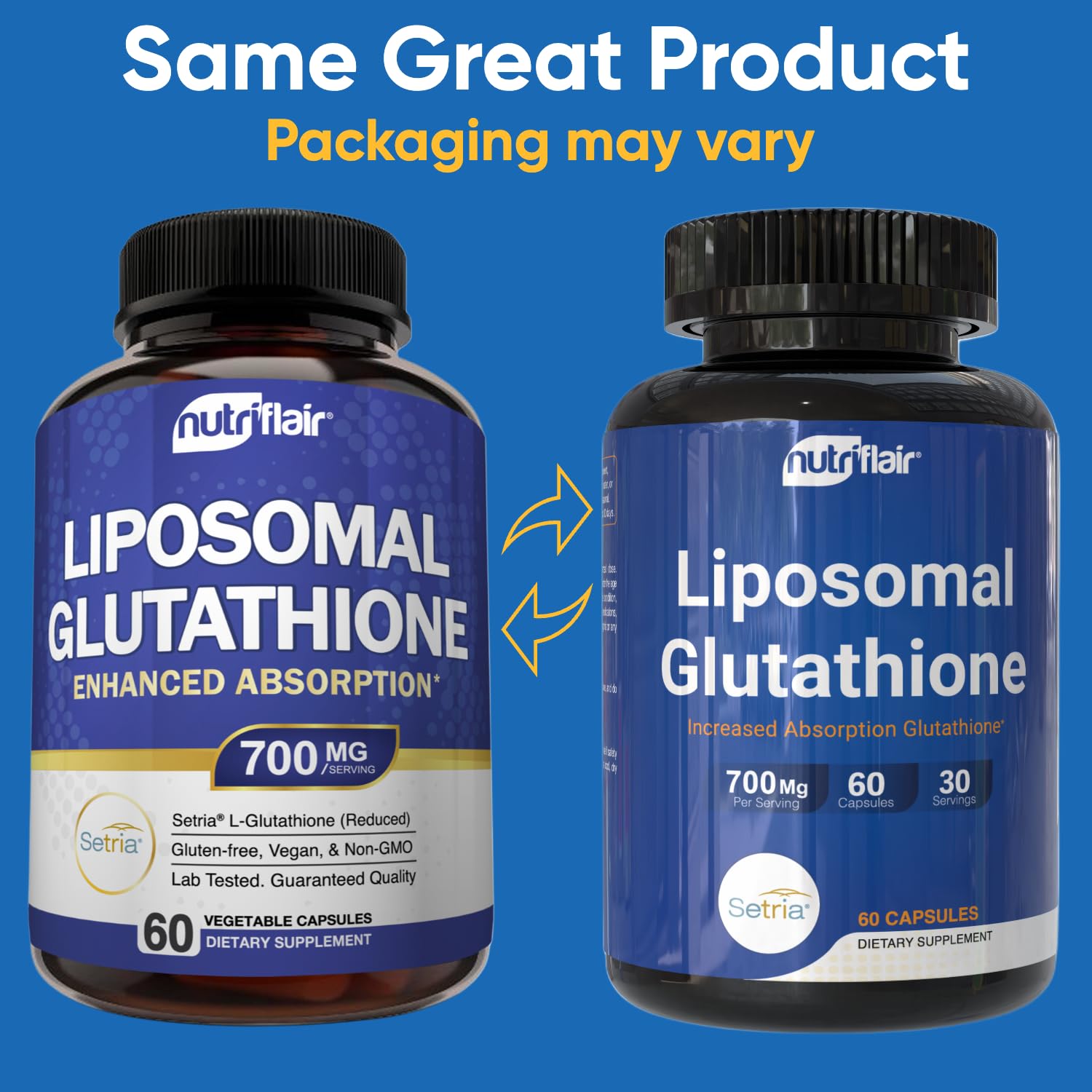 NutriFlair liposomal glutathione bottle front showing Setria branding for trusted quality.