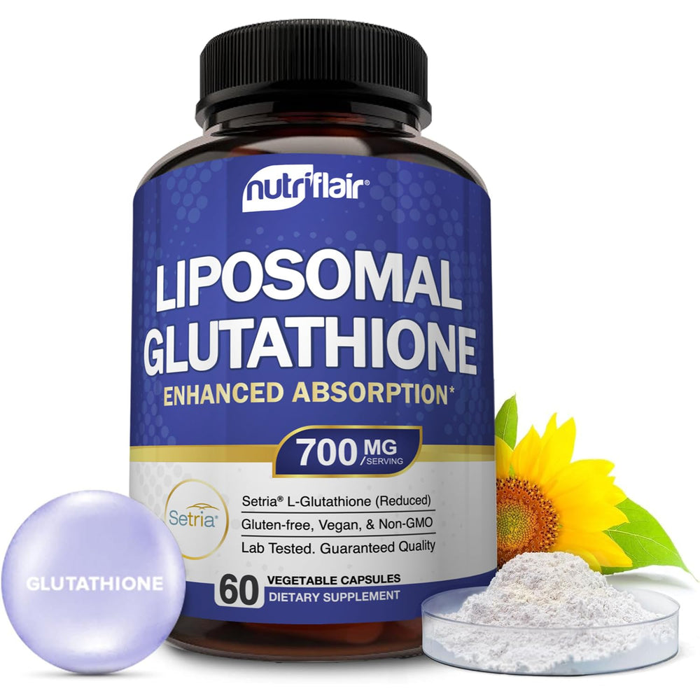 NutriFlair liposomal glutathione bottle top highlighting premium packaging for purity.