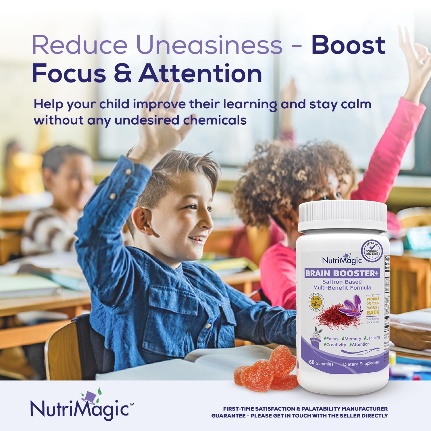 NutriMagic non-GMO kid supplement bottle emphasizes clean ingredients for parents.