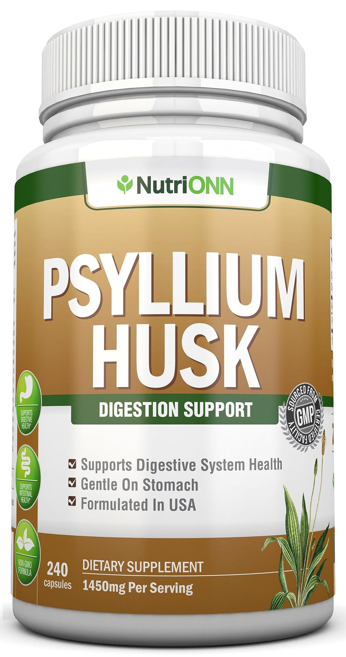 NutriONN Psyllium Husk Capsules bottle for daily fiber support.