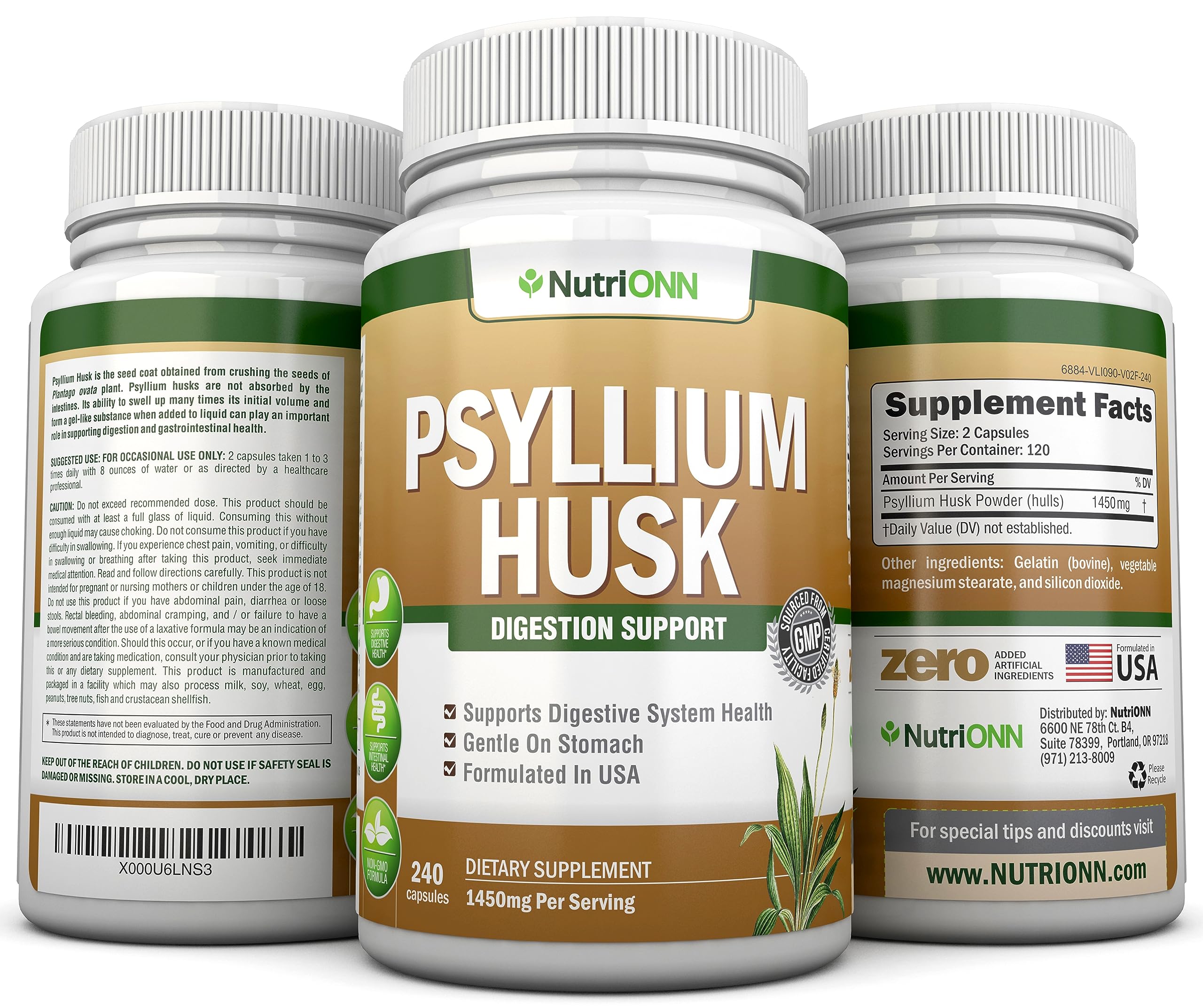 NutriONN Psyllium Husk Capsules bottle highlighting 1450 mg per serving on label.