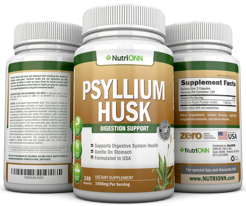 NutriONN Psyllium Husk Capsules bottle highlighting 1450 mg per serving on label.