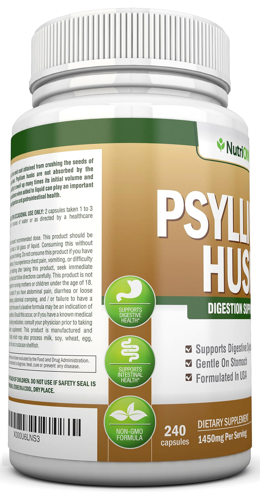 NutriONN Psyllium Husk Capsules label close-up emphasizing natural ingredients.