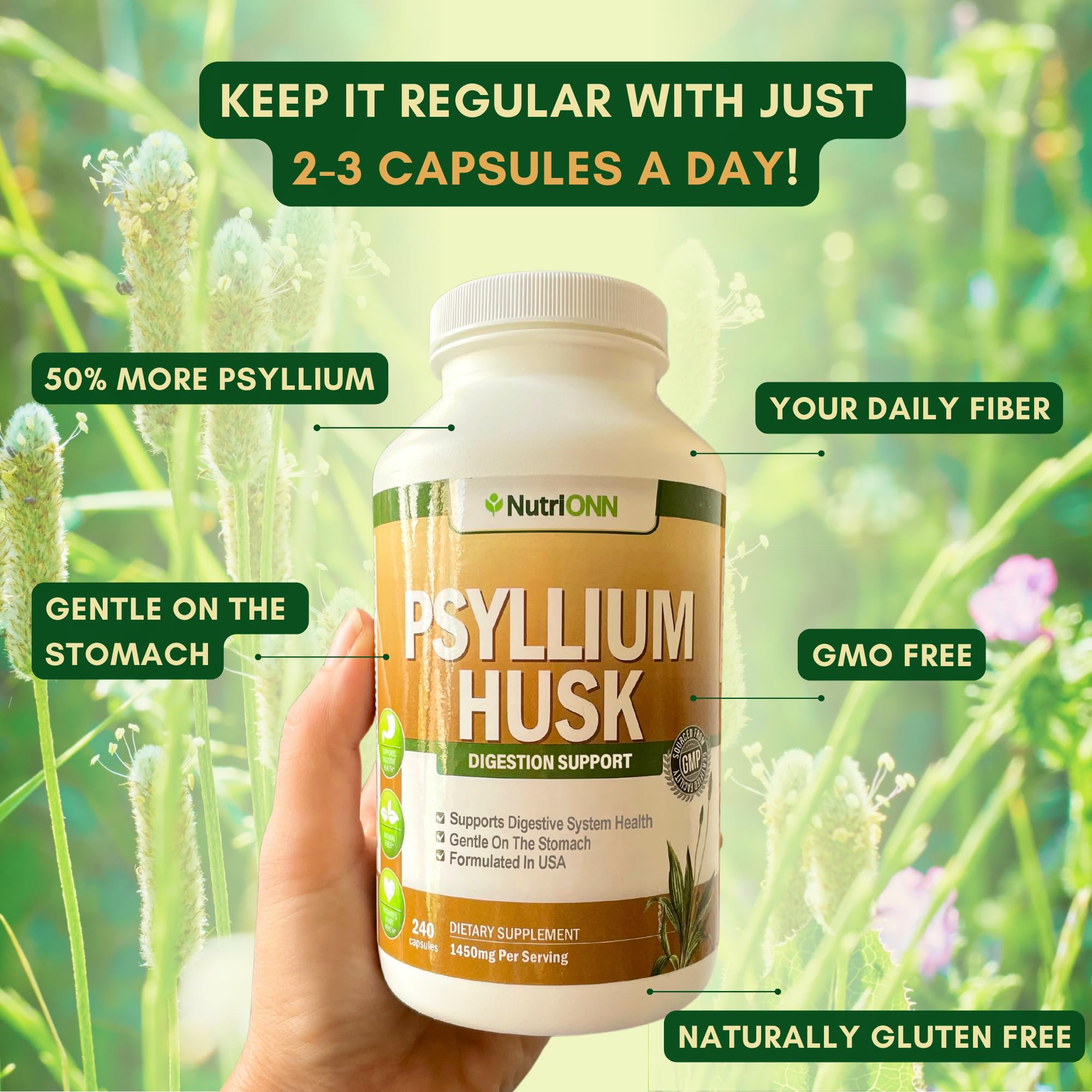 NutriONN Psyllium Husk Capsules packaging highlighting premium fiber.