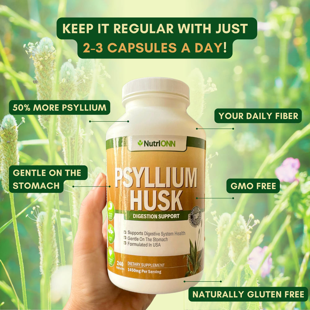 NutriONN Psyllium Husk Capsules packaging highlighting premium fiber.