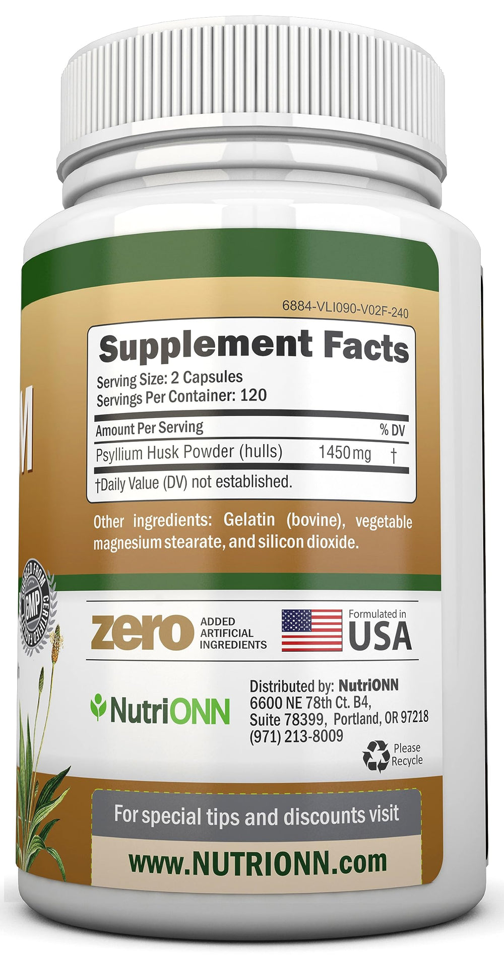 NutriONN Psyllium Husk Capsules pour image showing easy dosage and gel formation.