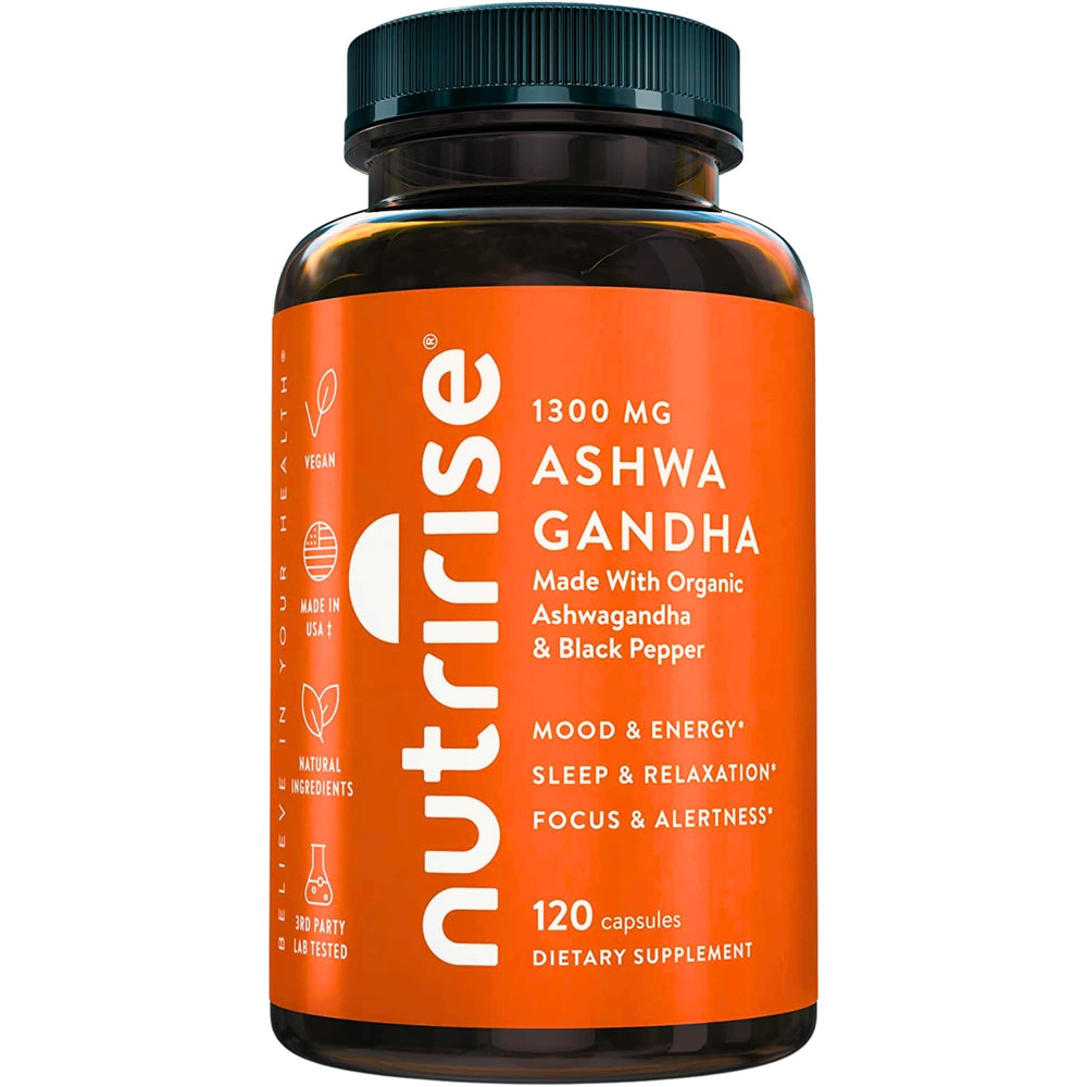 NutriRise Ashwagandha bottle front view showing organic root formula for calm focus
