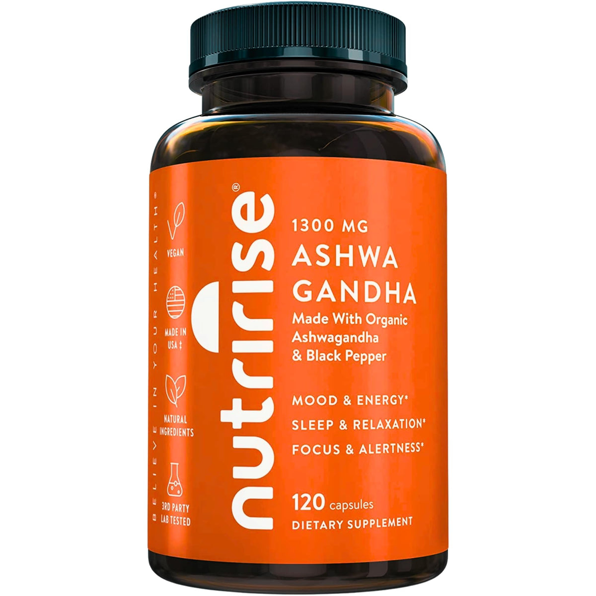 NutriRise Ashwagandha bottle front view showing organic root formula for calm focus