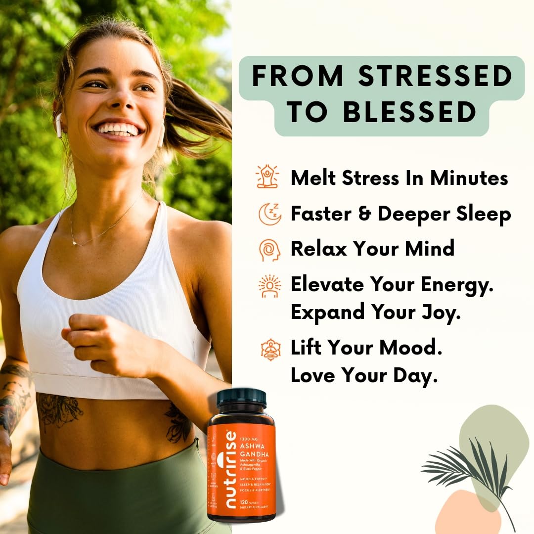 NutriRise Ashwagandha bottle pouring capsules suggesting easy daily ritual