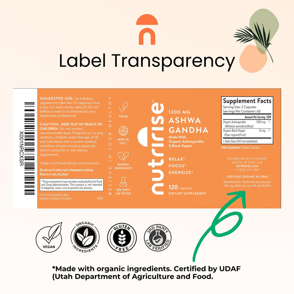 NutriRise Ashwagandha label on bottle emphasizing organic certification