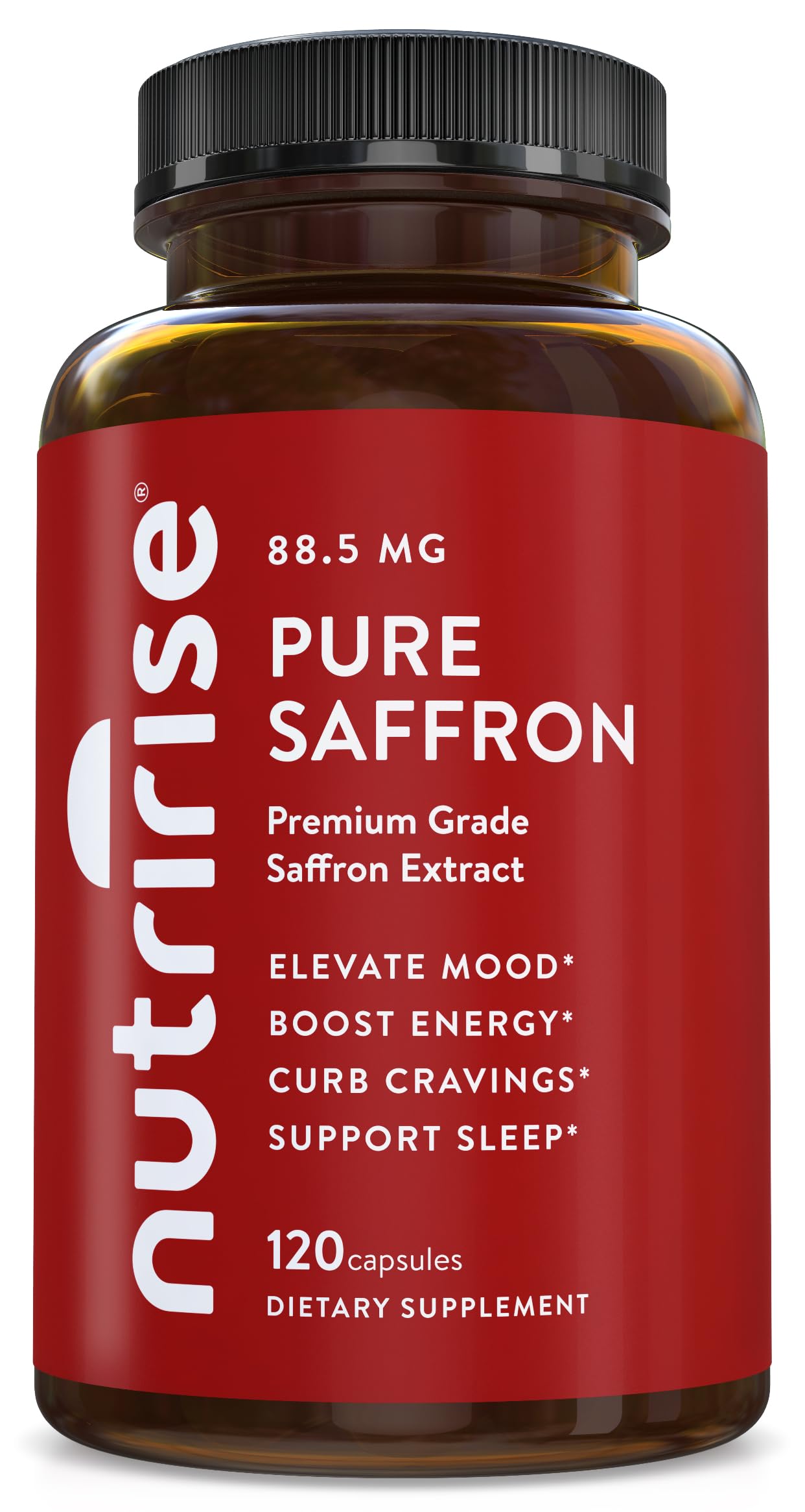NutriRise saffron bottle showing mood and energy support with 88.5 mg extract