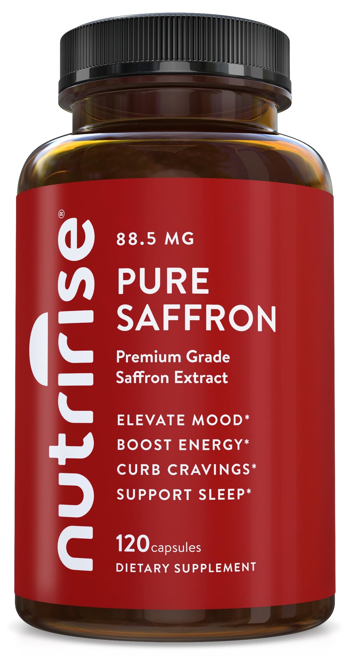NutriRise saffron bottle showing mood and energy support with 88.5 mg extract