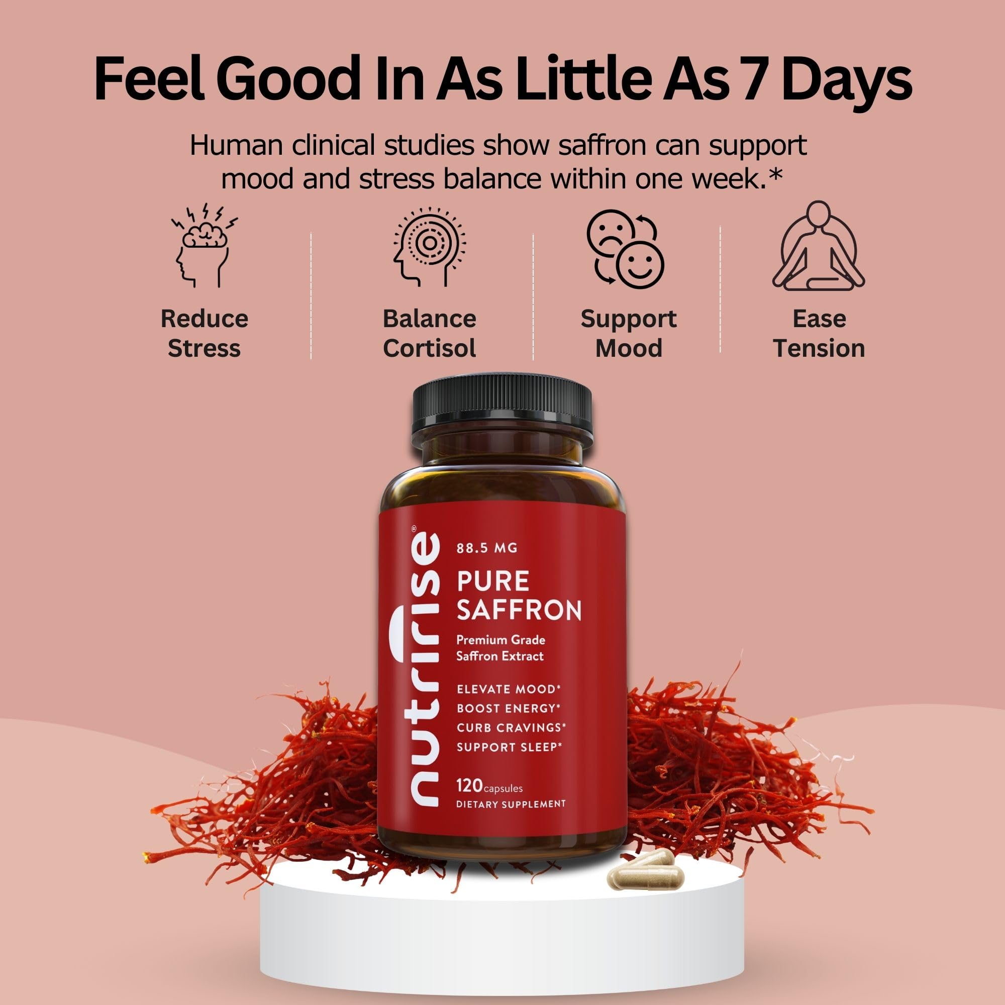 NutriRise saffron label highlights vegan and gluten-free certification