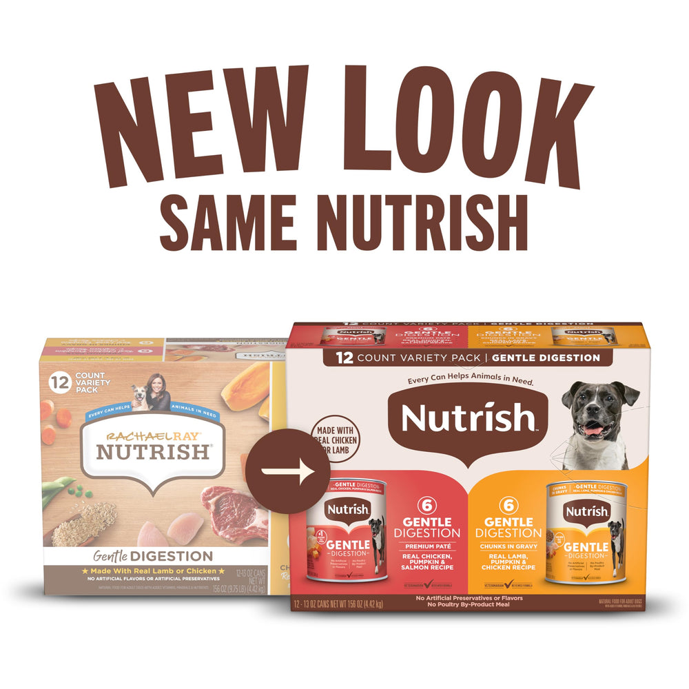 Nutrish Gentle Digestion chunks in gravy cans with real lamb and pumpkin.