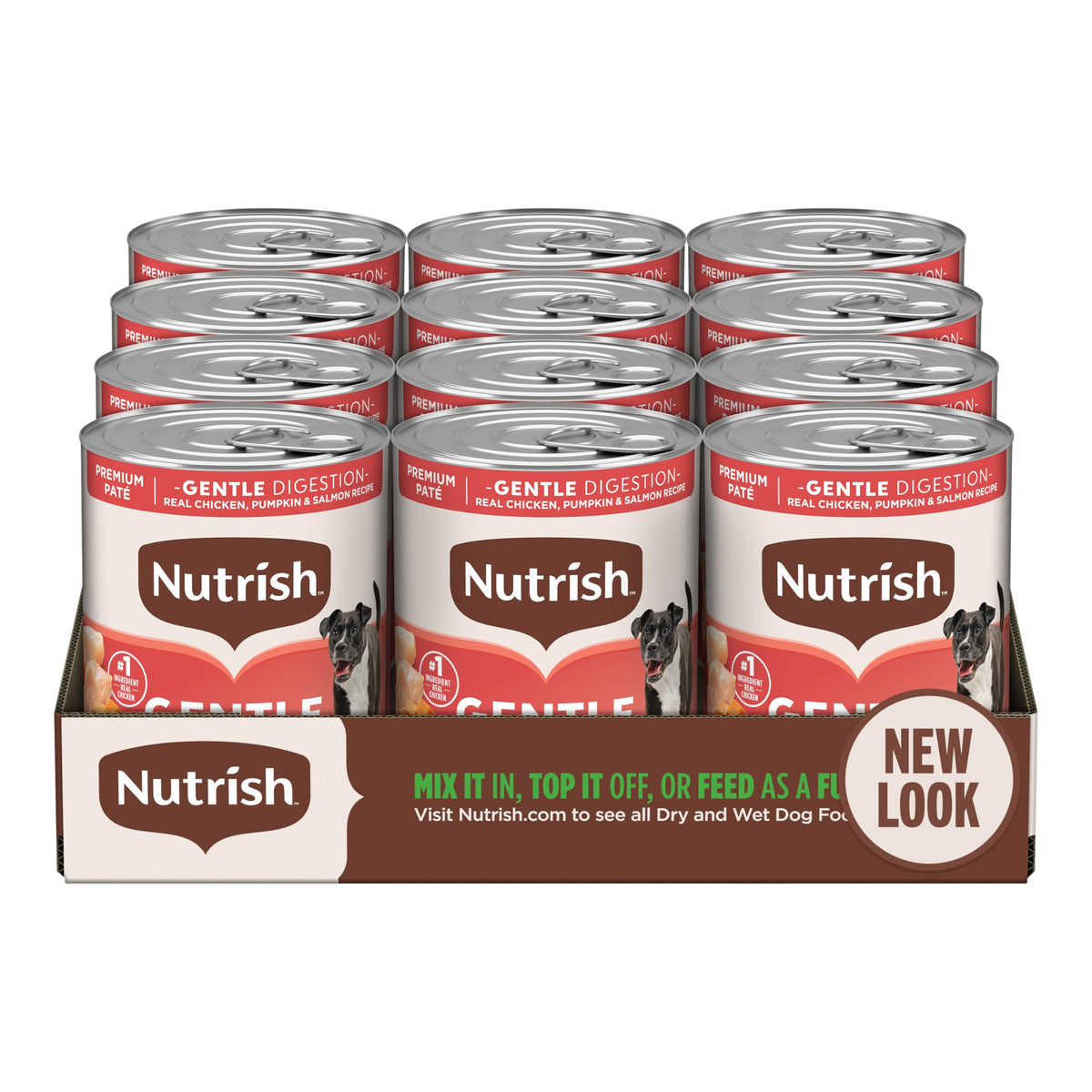 Nutrish Gentle Digestion pate with real chicken highlights first-ingredient quality.
