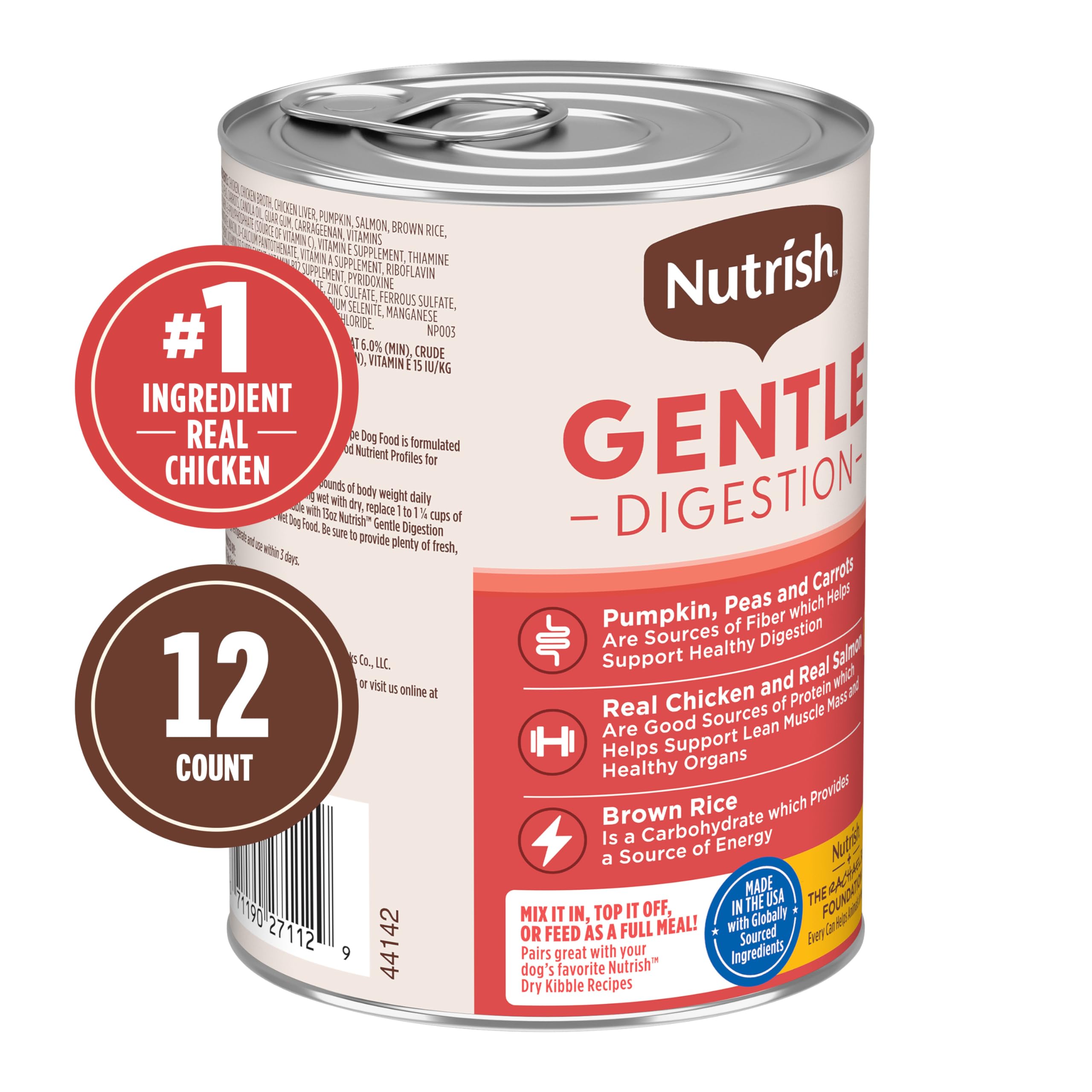 Nutrish Gentle Digestion pate salmon-omega-3 close-up features protein and nutrients.