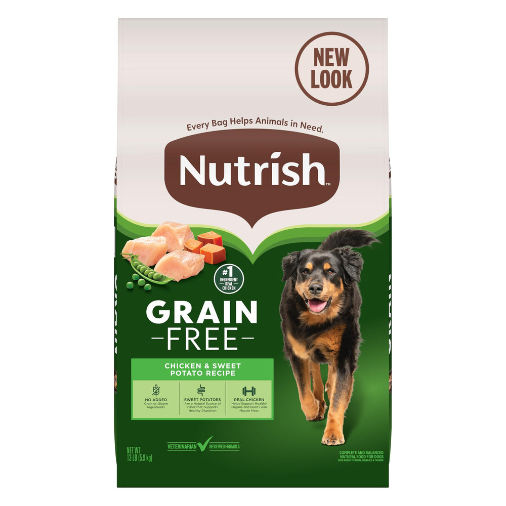 Nutrish grain-free chicken-sweet-potato 13lb bag on display for grain-free meals