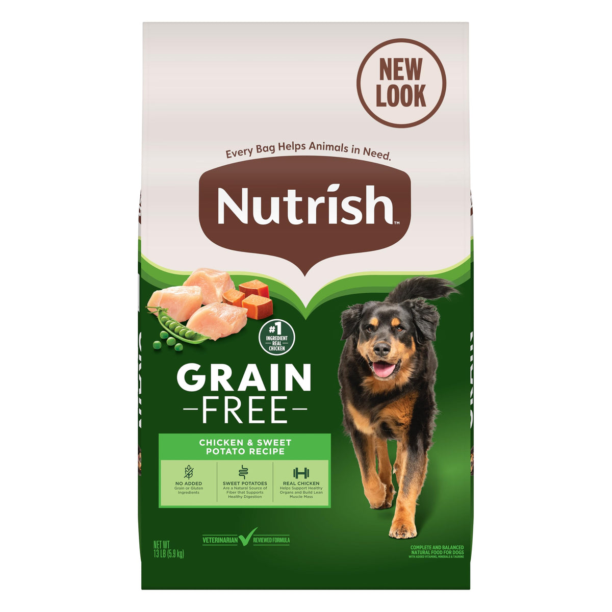 Nutrish grain-free chicken-sweet-potato 13lb bag on display for grain-free meals
