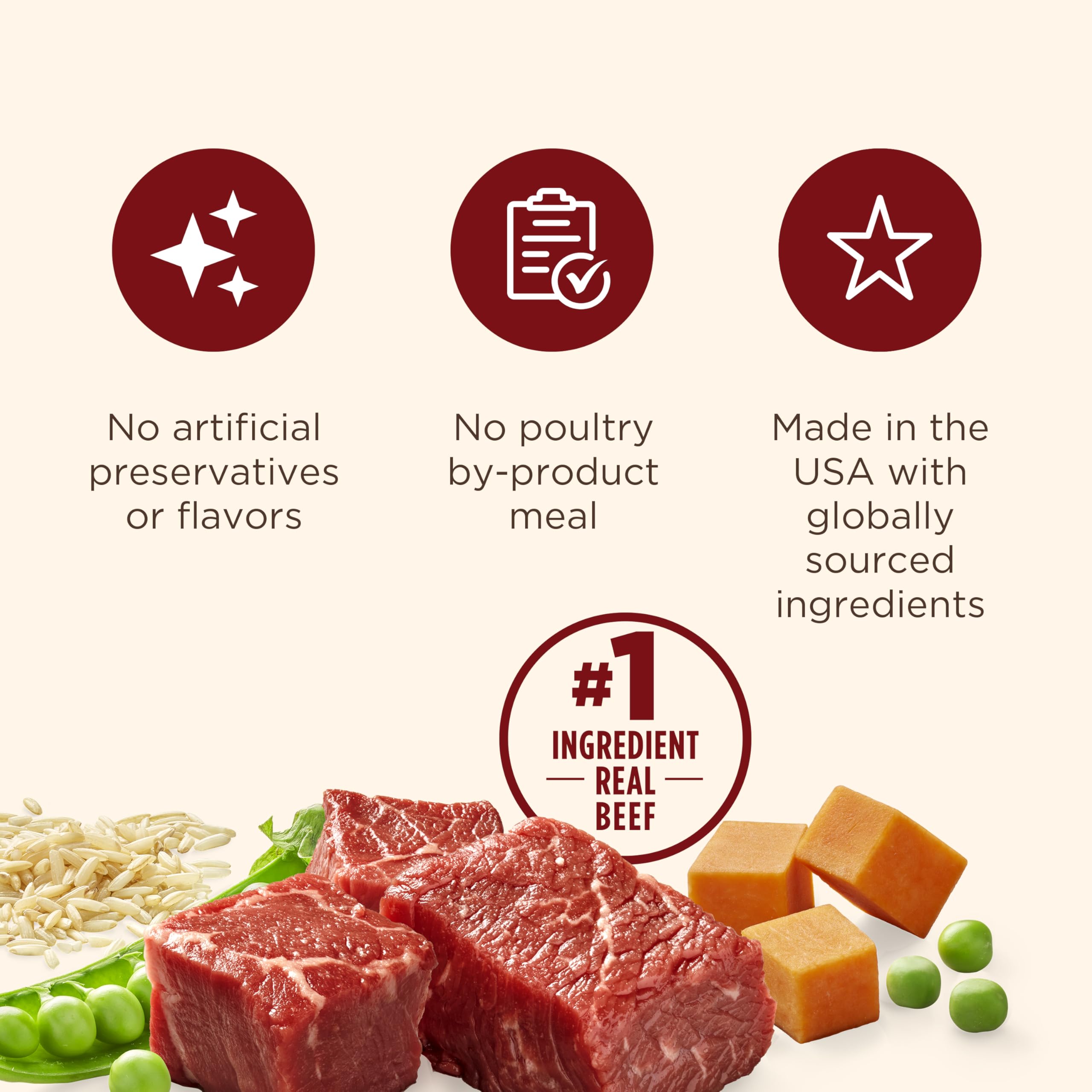 Close-up of Nutrish Real Beef & Pumpkin ingredients featuring beef and pumpkin