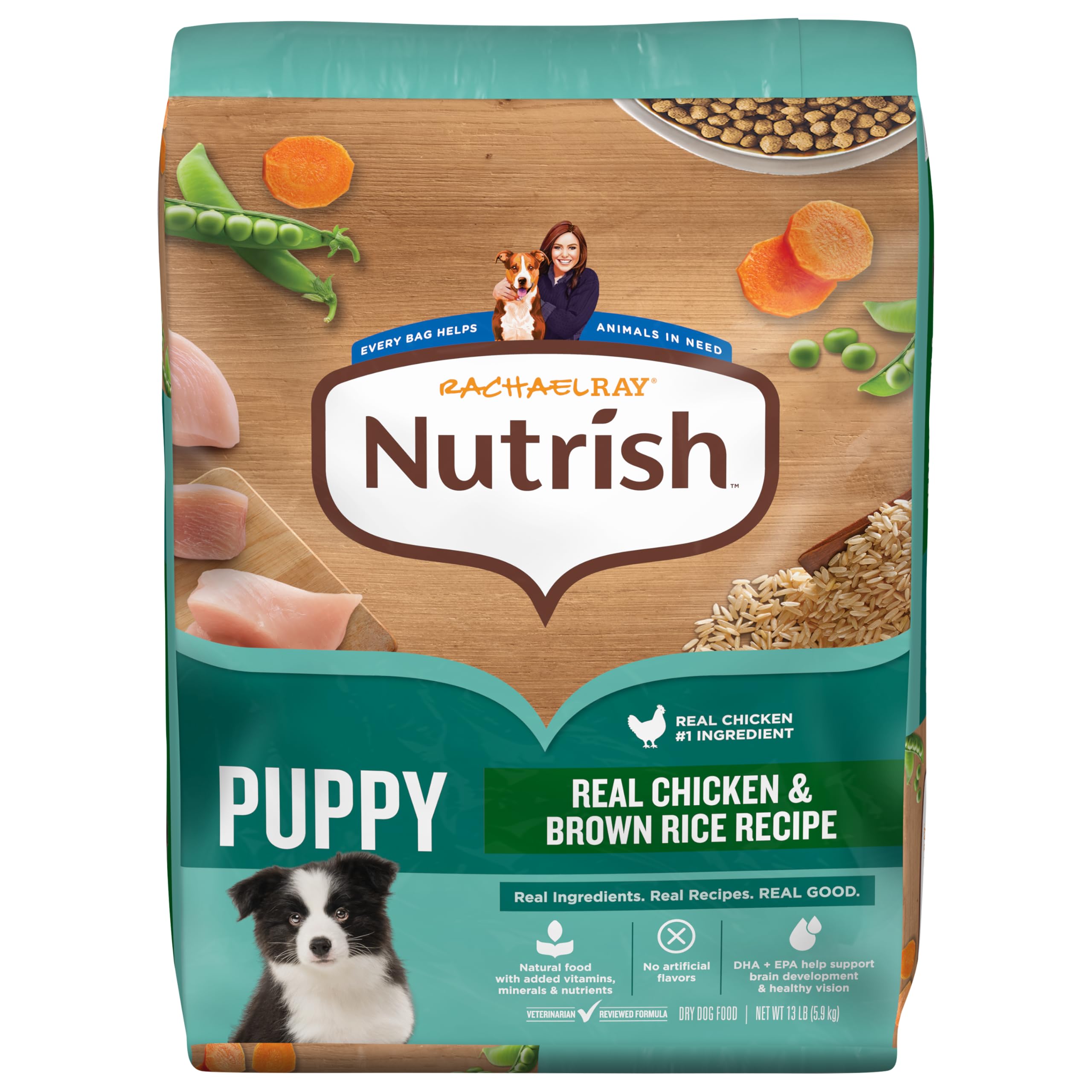 Nutrish Rachael Ray Puppy bag with real chicken and brown rice.