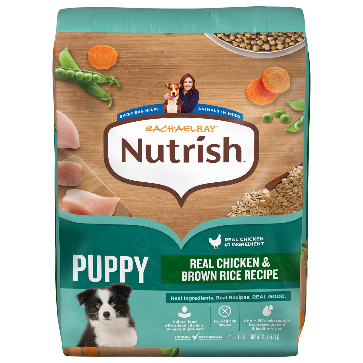 Nutrish Rachael Ray Puppy bag with real chicken and brown rice.