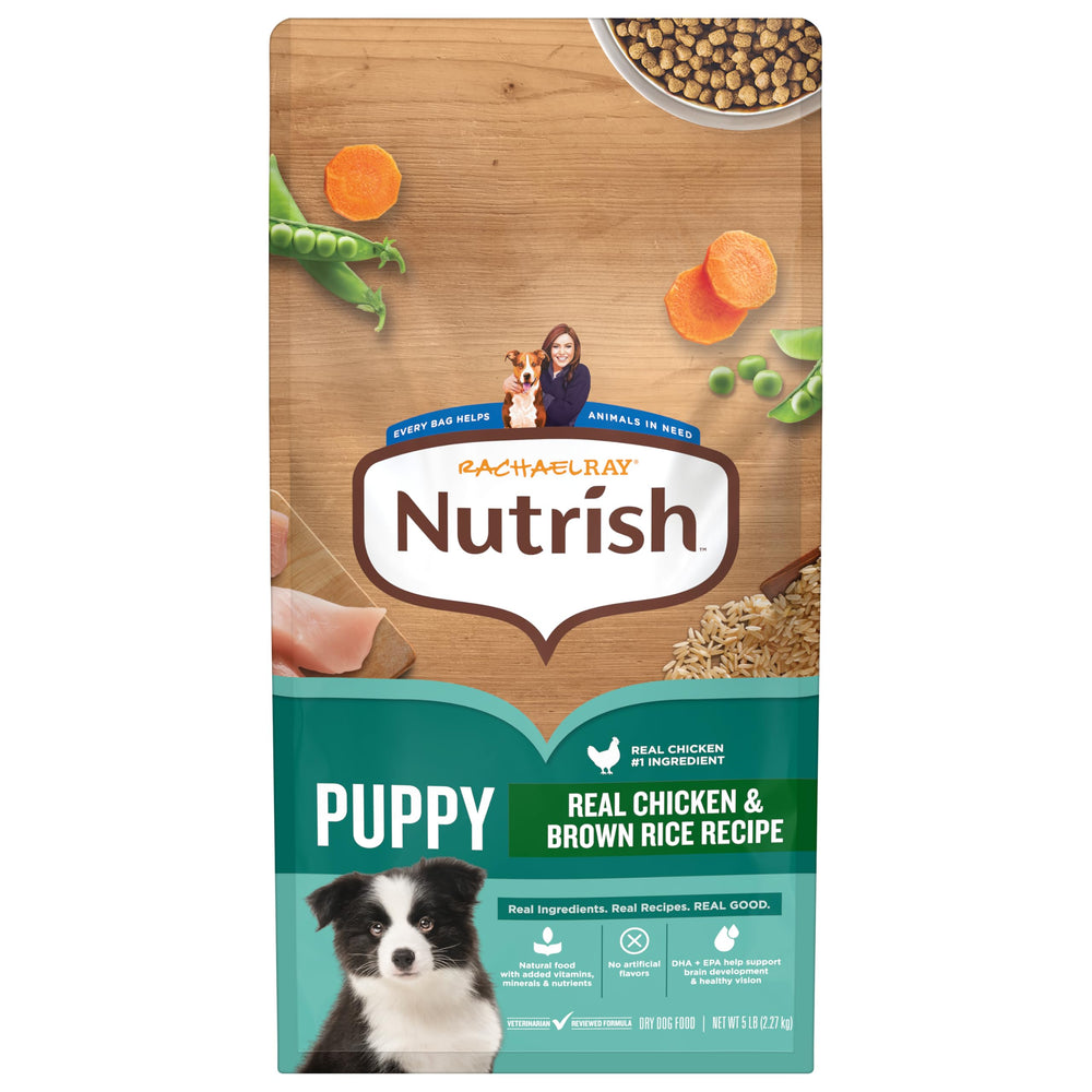Nutrish Rachael Ray puppy real chicken brown rice bowl supports balanced meals.