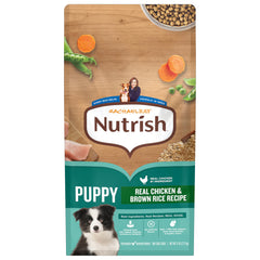 Nutrish Rachael Ray puppy real chicken brown rice bowl supports balanced meals.