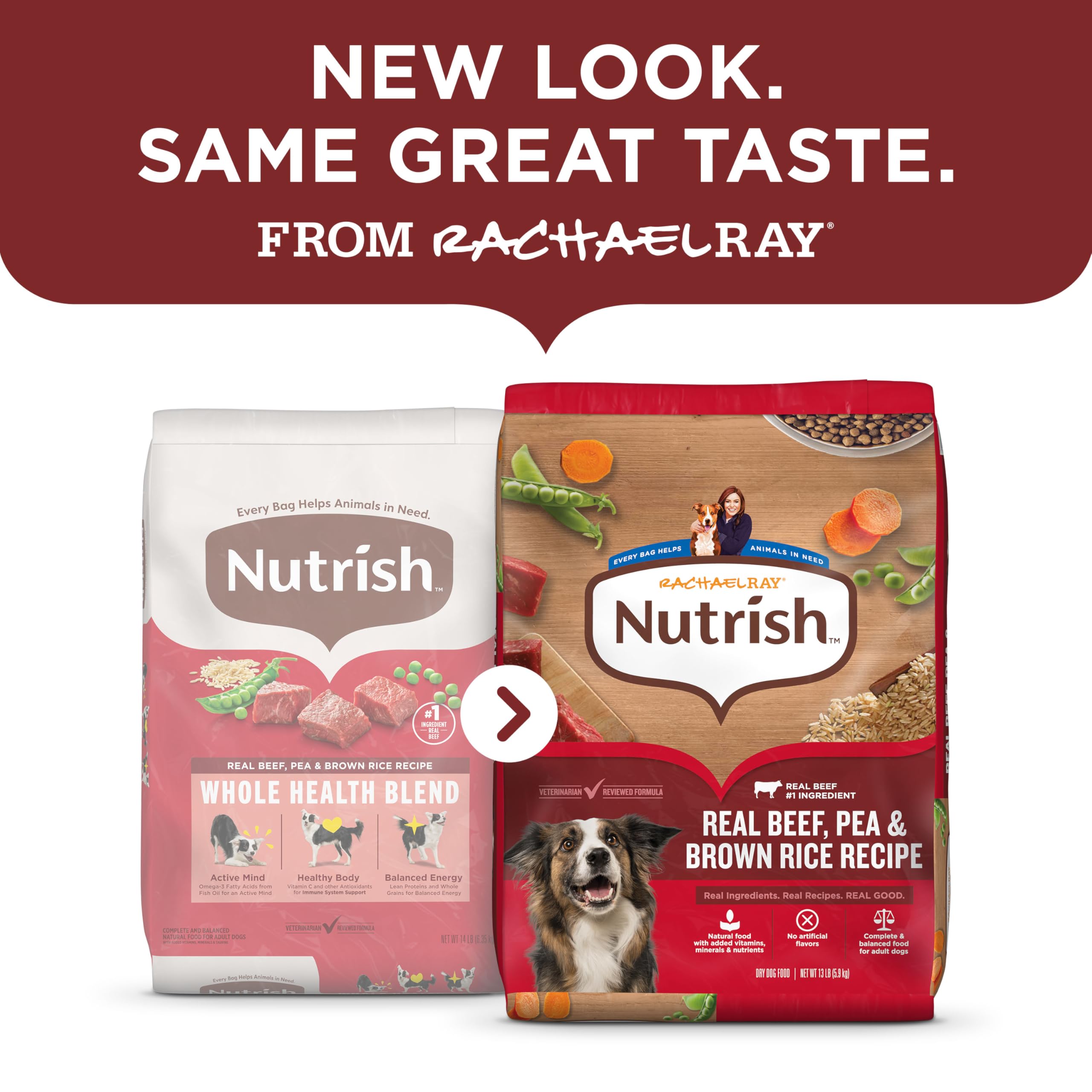 Nutrish Rachael Ray real-beef dry dog food bag highlights real ingredients and kitchen-inspired recipe.