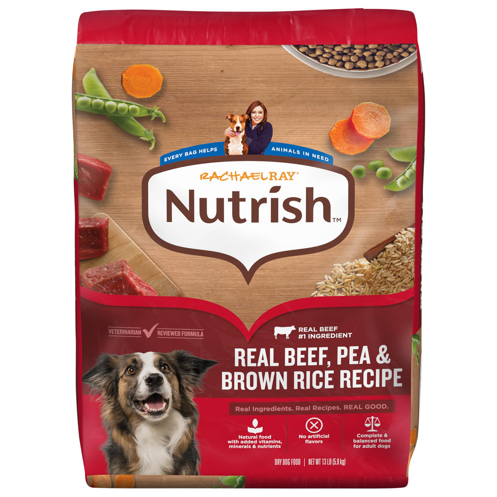 Nutrish Rachael Ray real-beef dry dog food in a bowl boosts appetite with savory flavor.