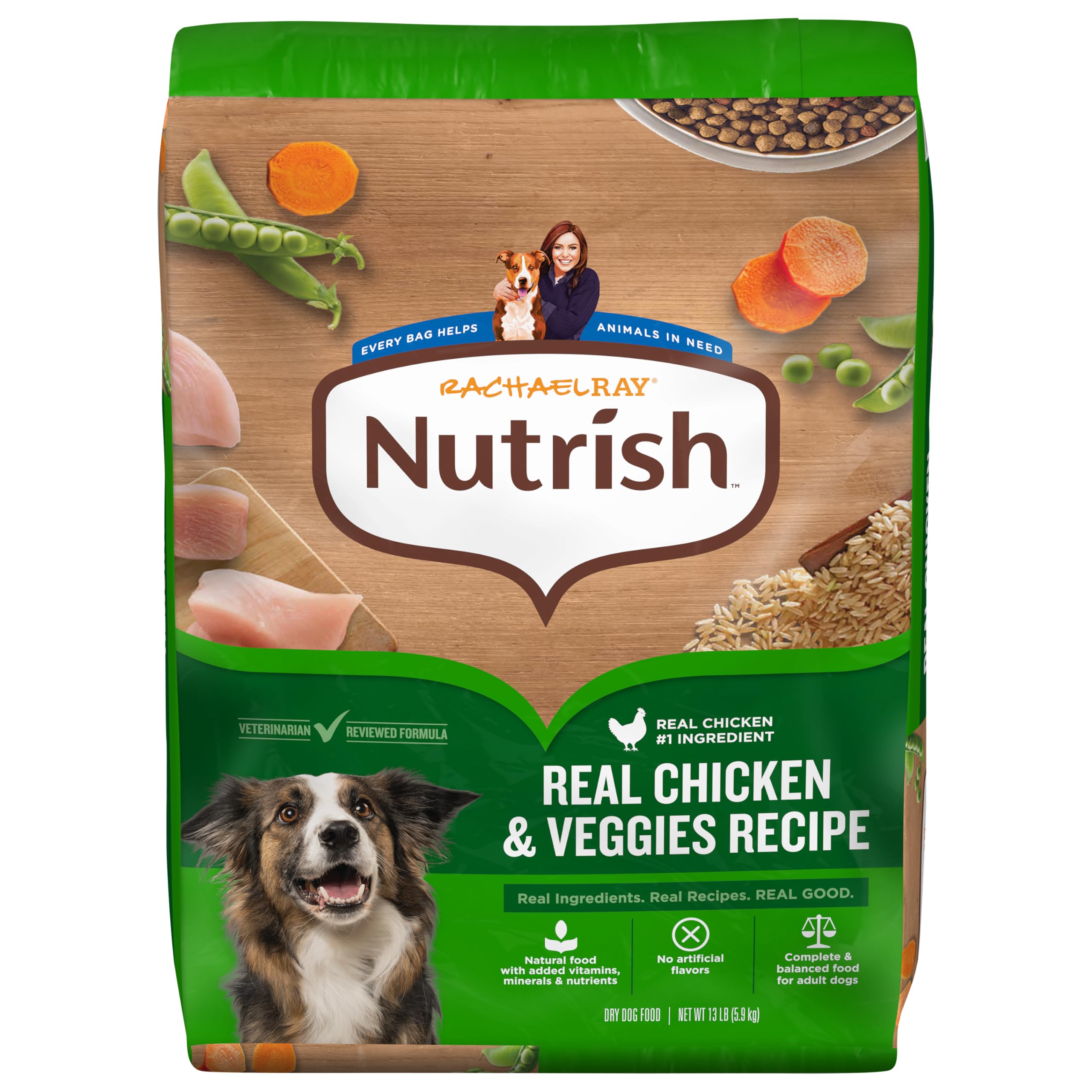 Nutrish Rachael Ray Real Chicken & Veggies bag shows real ingredients for daily meals.