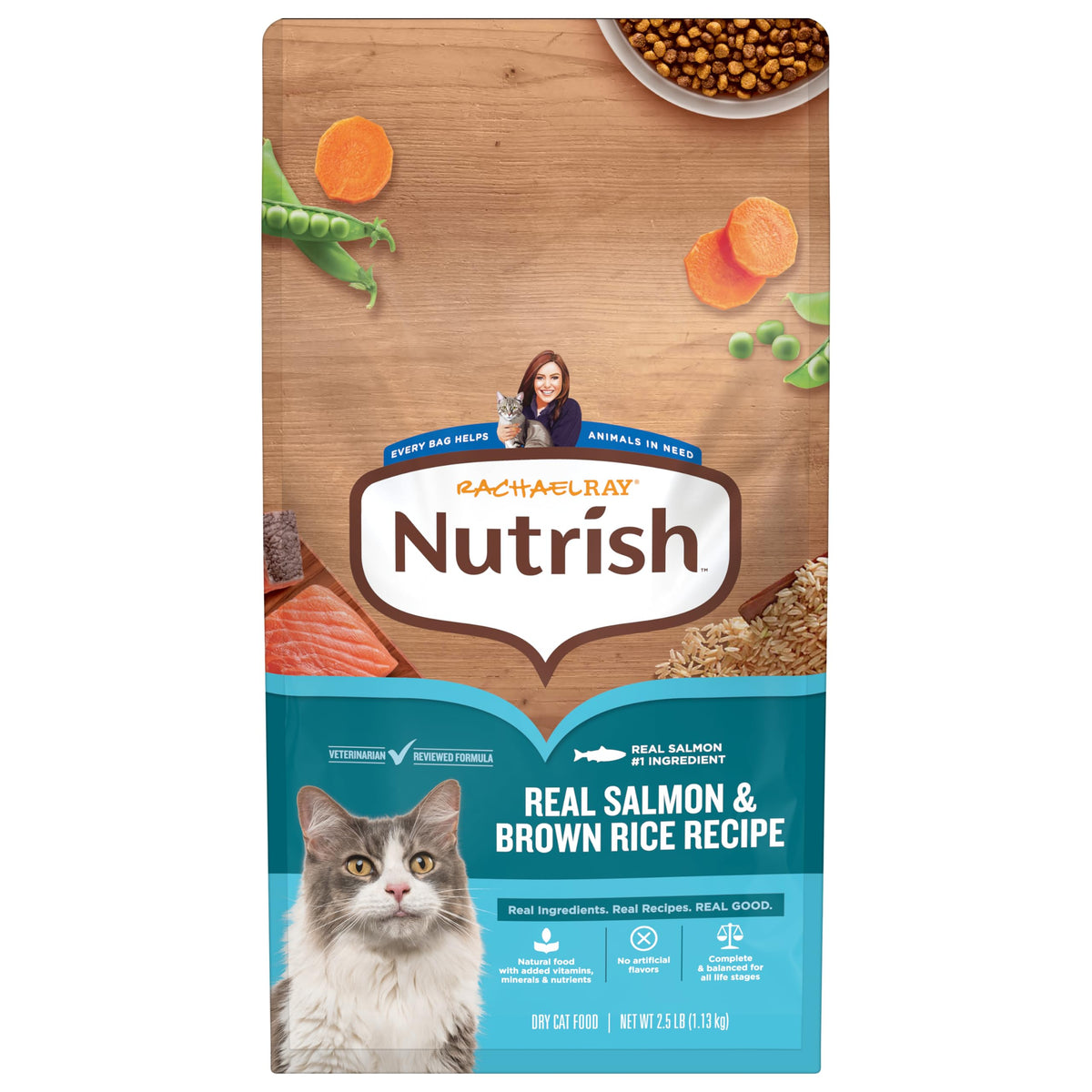 Nutrish Rachael Ray real salmon brown rice dry cat food bag supports balanced meals